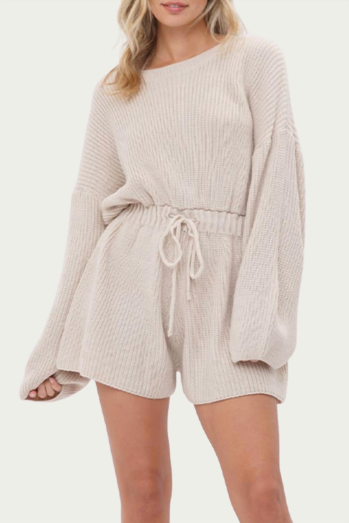 DRAWSTRING-WAIST RIBBED-KNIT ROMPER