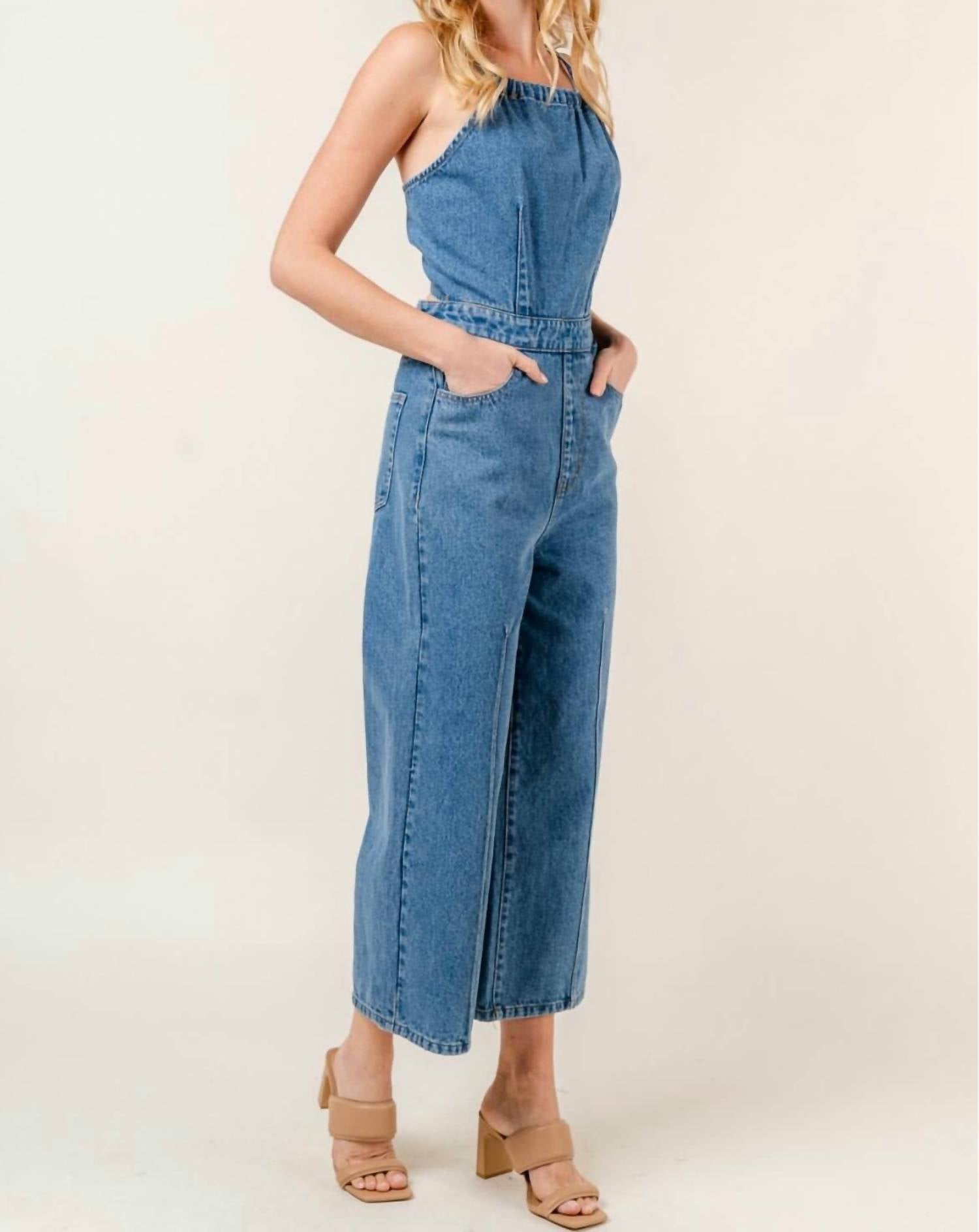 Fore - Joslyn Halter Jumpsuit - blue - clothing - cotton - blend