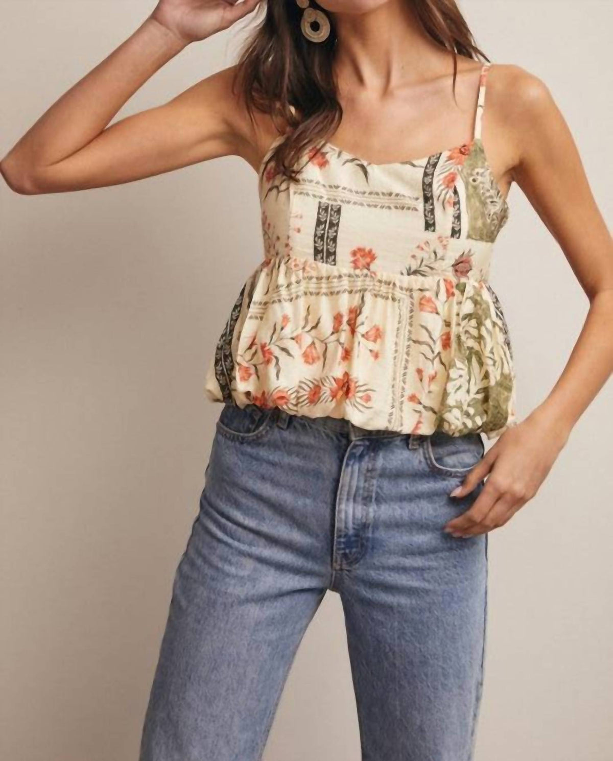 Forte - Patchwork Floral Peplum Cami Top