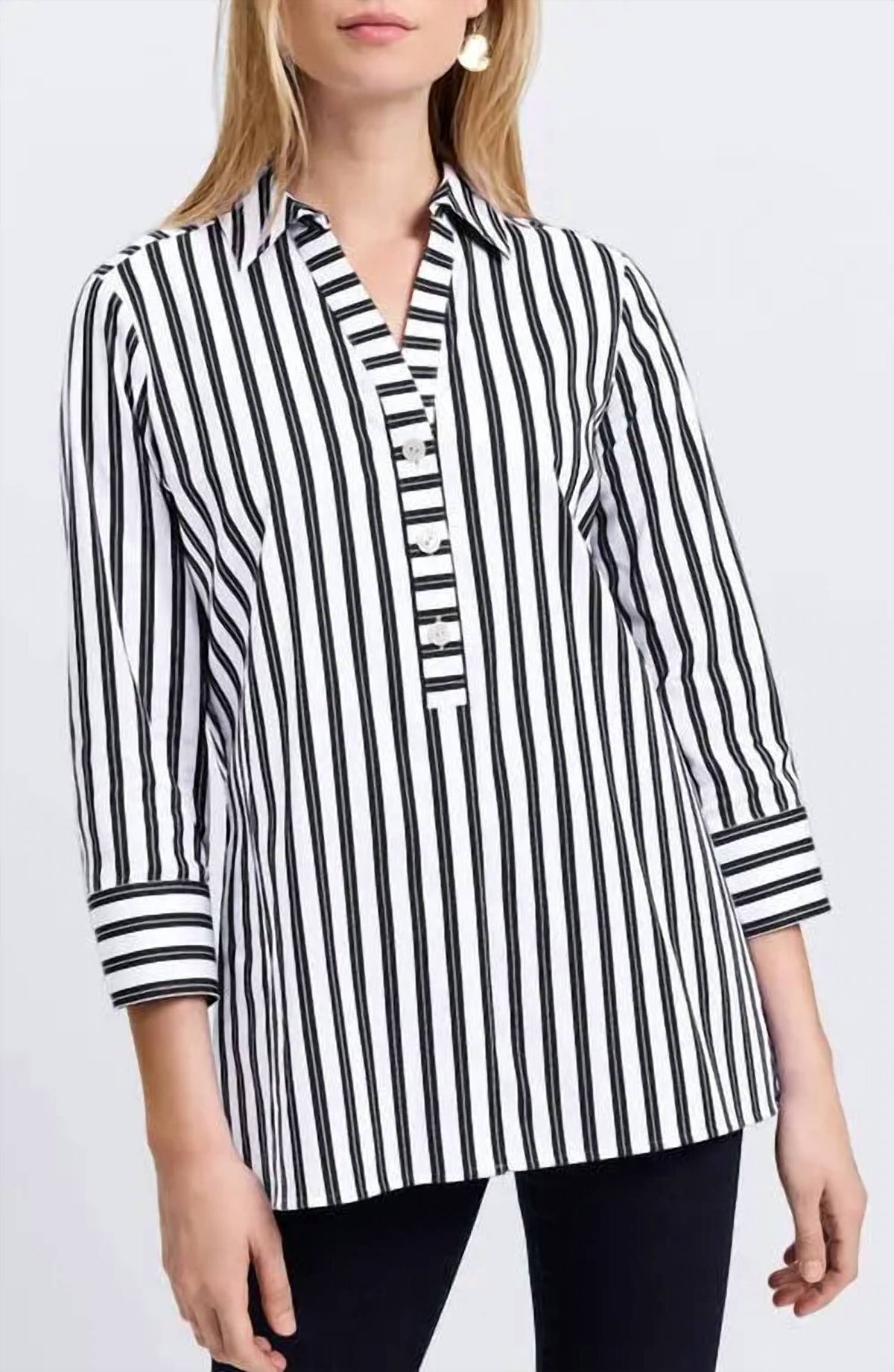 Foxcroft - Pamela Stripe Cotton Blend Tunic Shirt