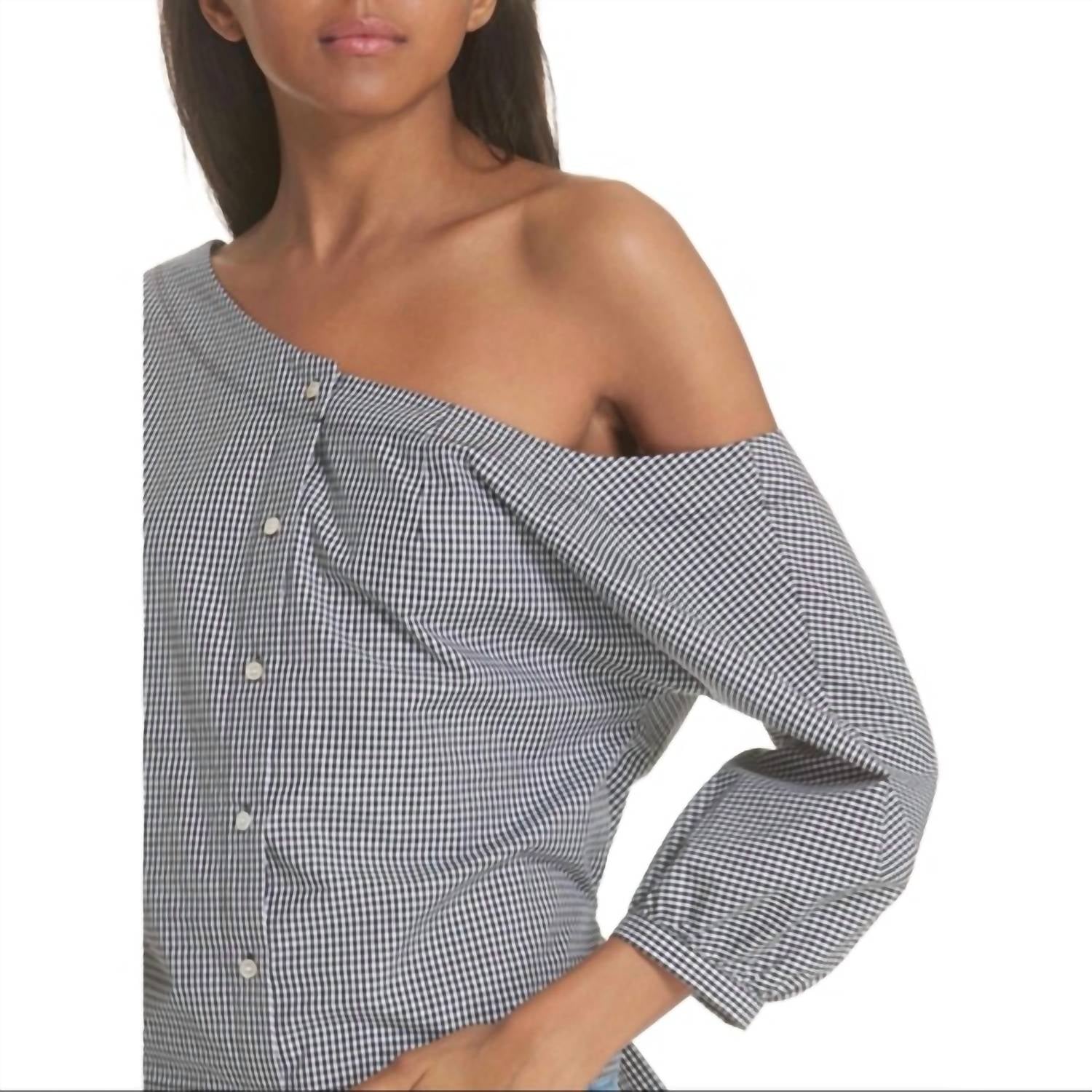 Frame - Gingham Print Top Tie Back Off the Shoulder - black - clothing - cotton
