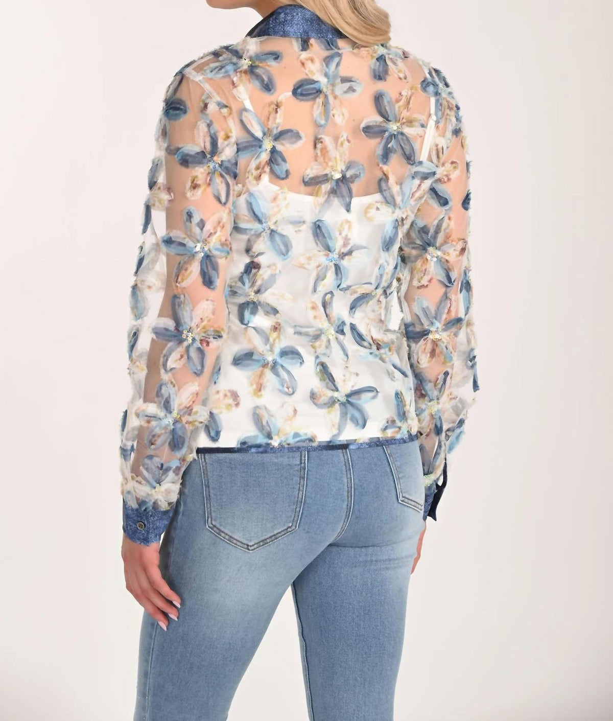 Frank Lyman - 3d Flower Sequin Woven Button Up Top