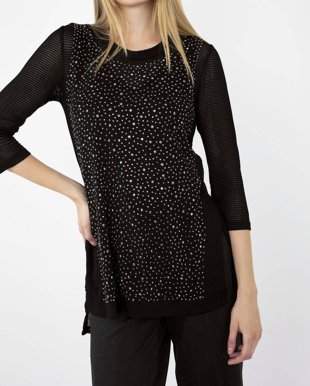 Frank Lyman - Knit Mesh High-low Top With Rhinestones