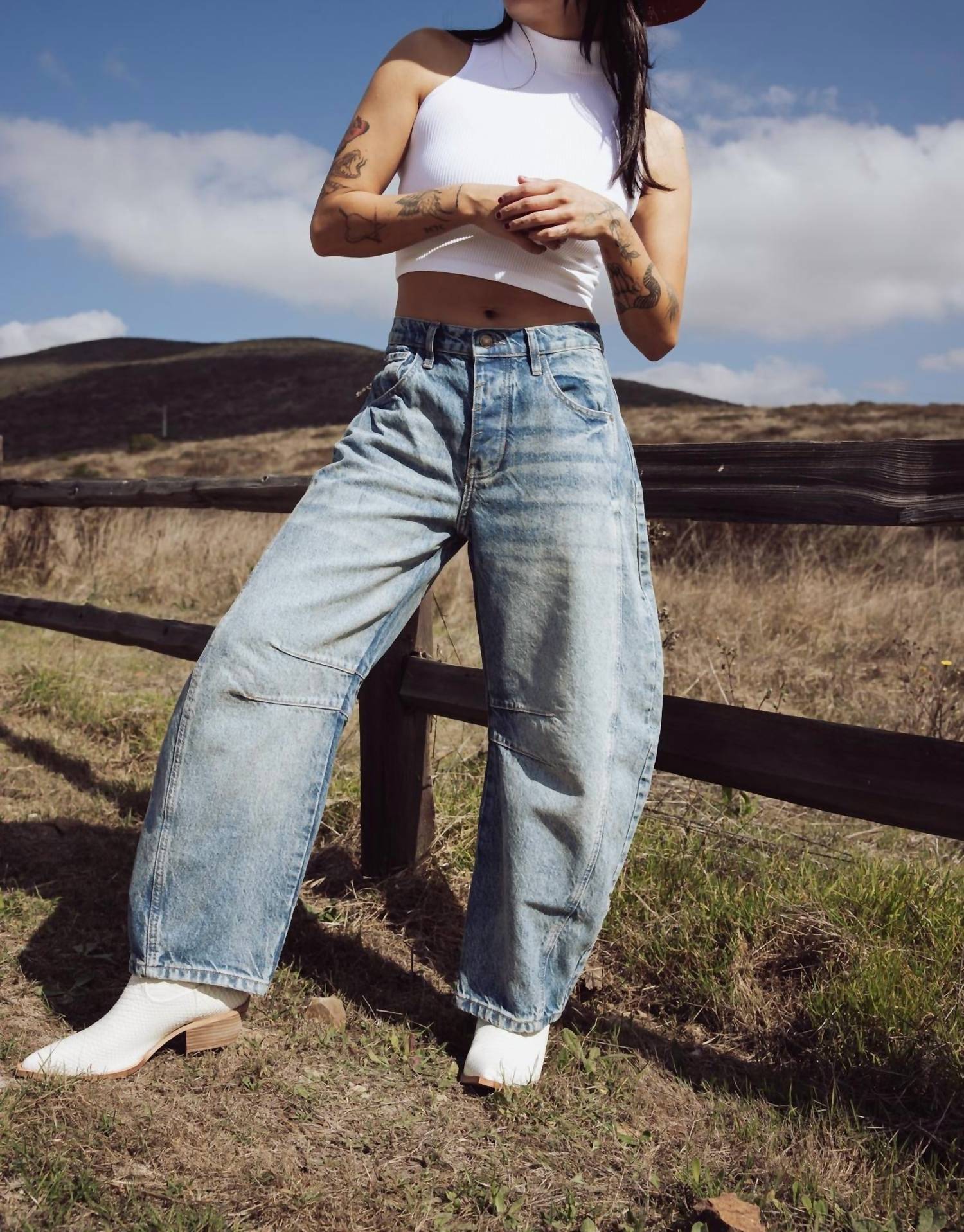 Free People - Good Luck Mid Rise Barrel Jeans - blue - clothing - cotton - blend