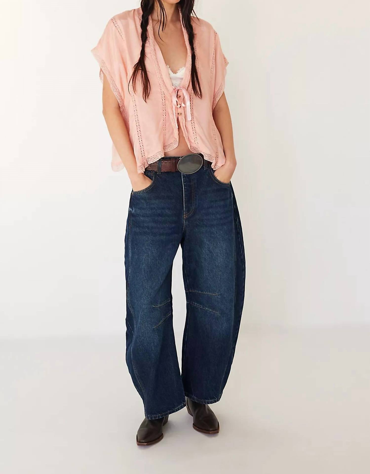 Free People - Good Luck Mid Rise Barrel Jeans - blue - clothing - flare