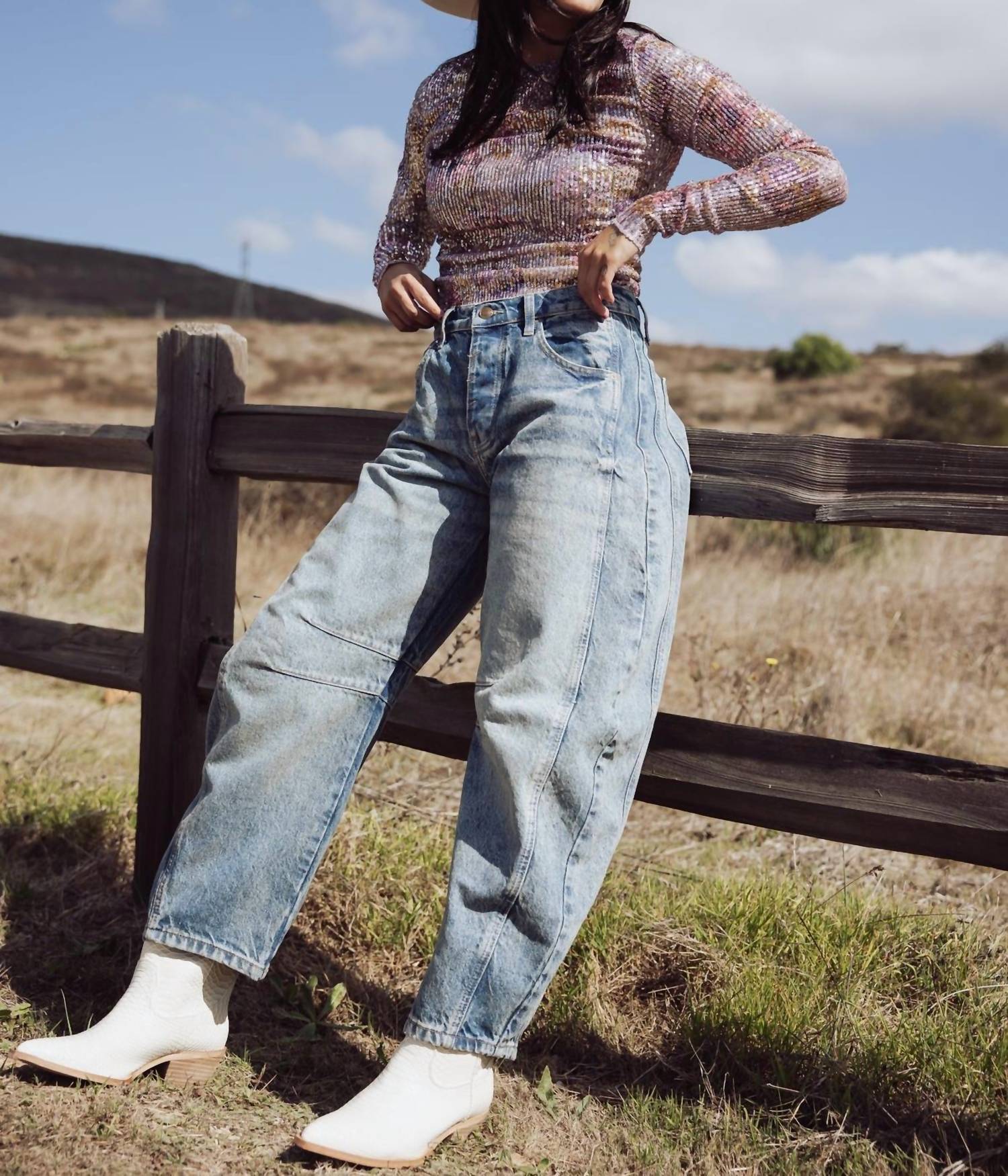 Free People - Good Luck Mid Rise Barrel Jeans - blue - clothing - cotton - blend