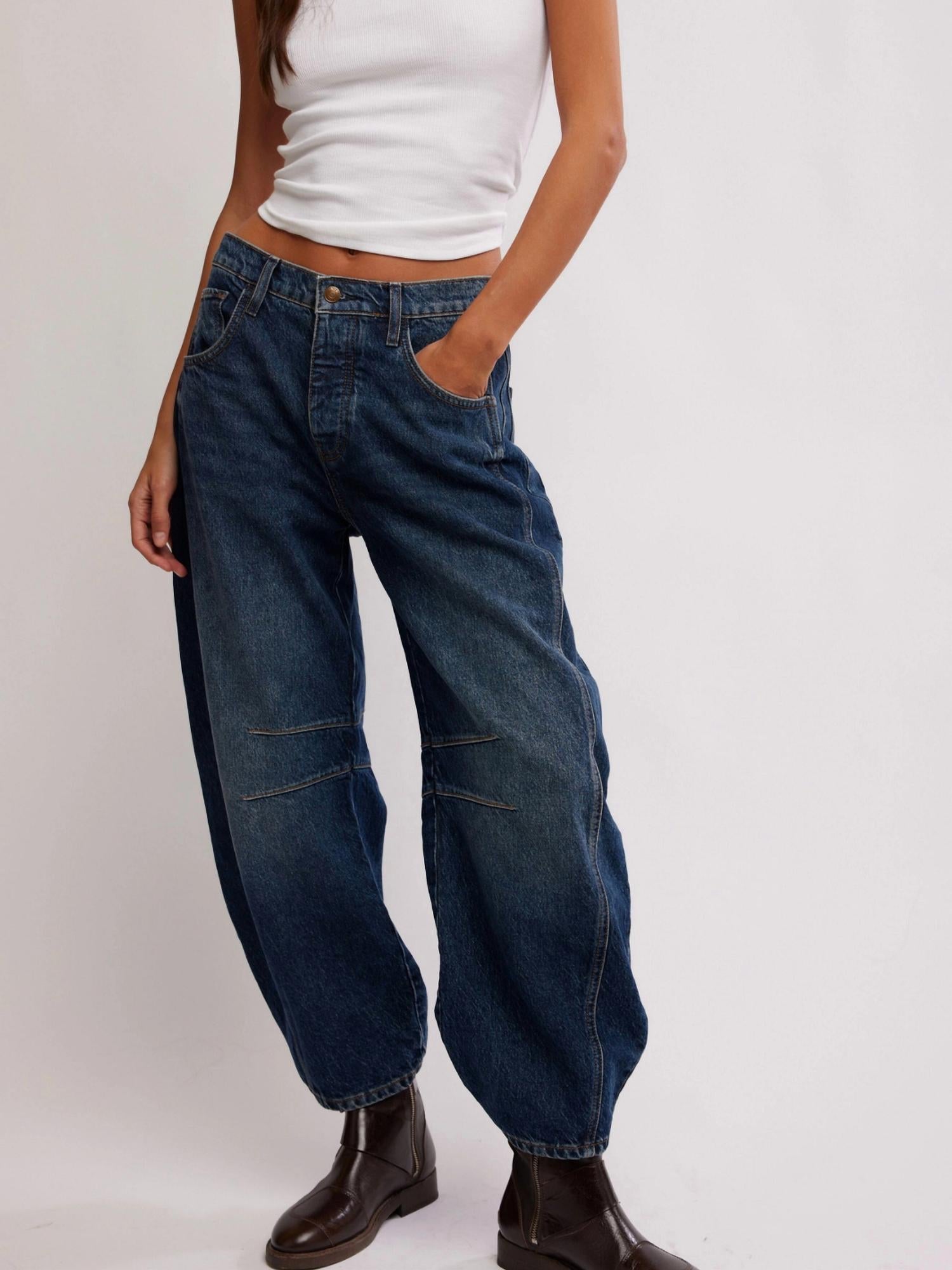 Free People - Good Luck Mid Rise Barrel Jeans - blue - clothing - cotton - blend