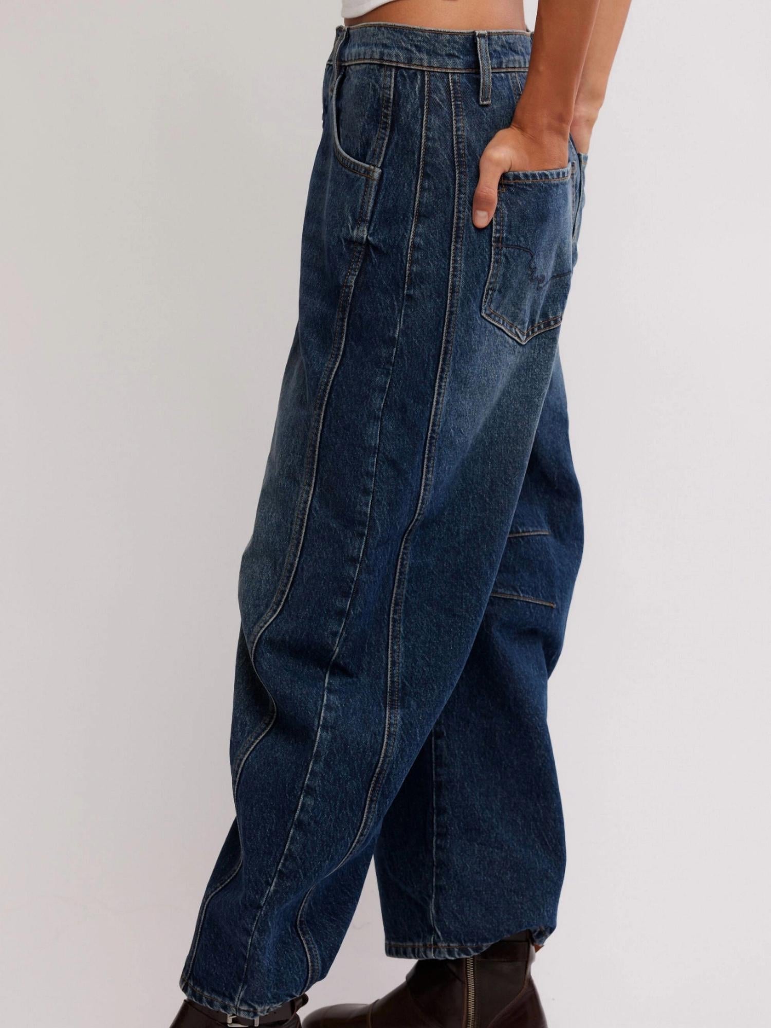 Free People - Good Luck Mid Rise Barrel Jeans - blue - clothing - cotton - blend