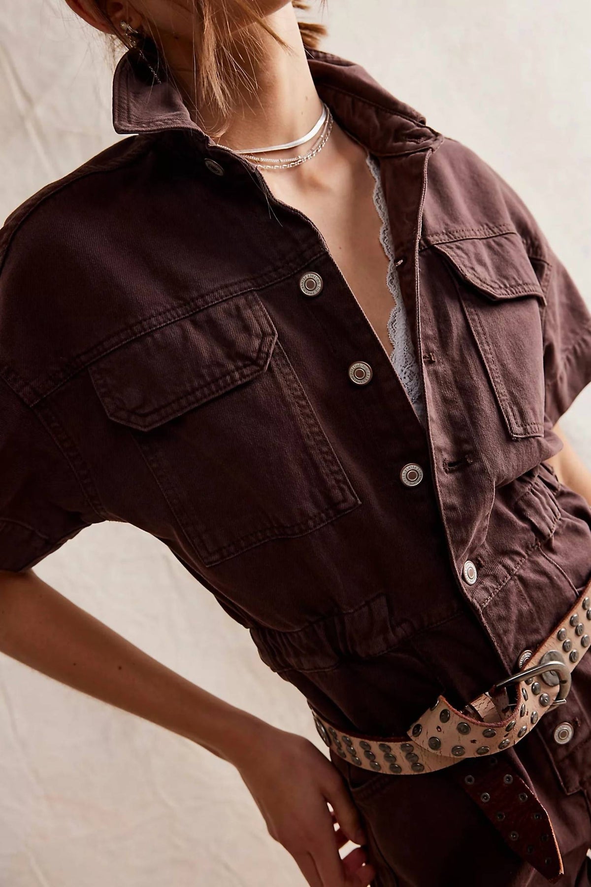 Free People - Marci Button Front Cuffed Shortall Romper