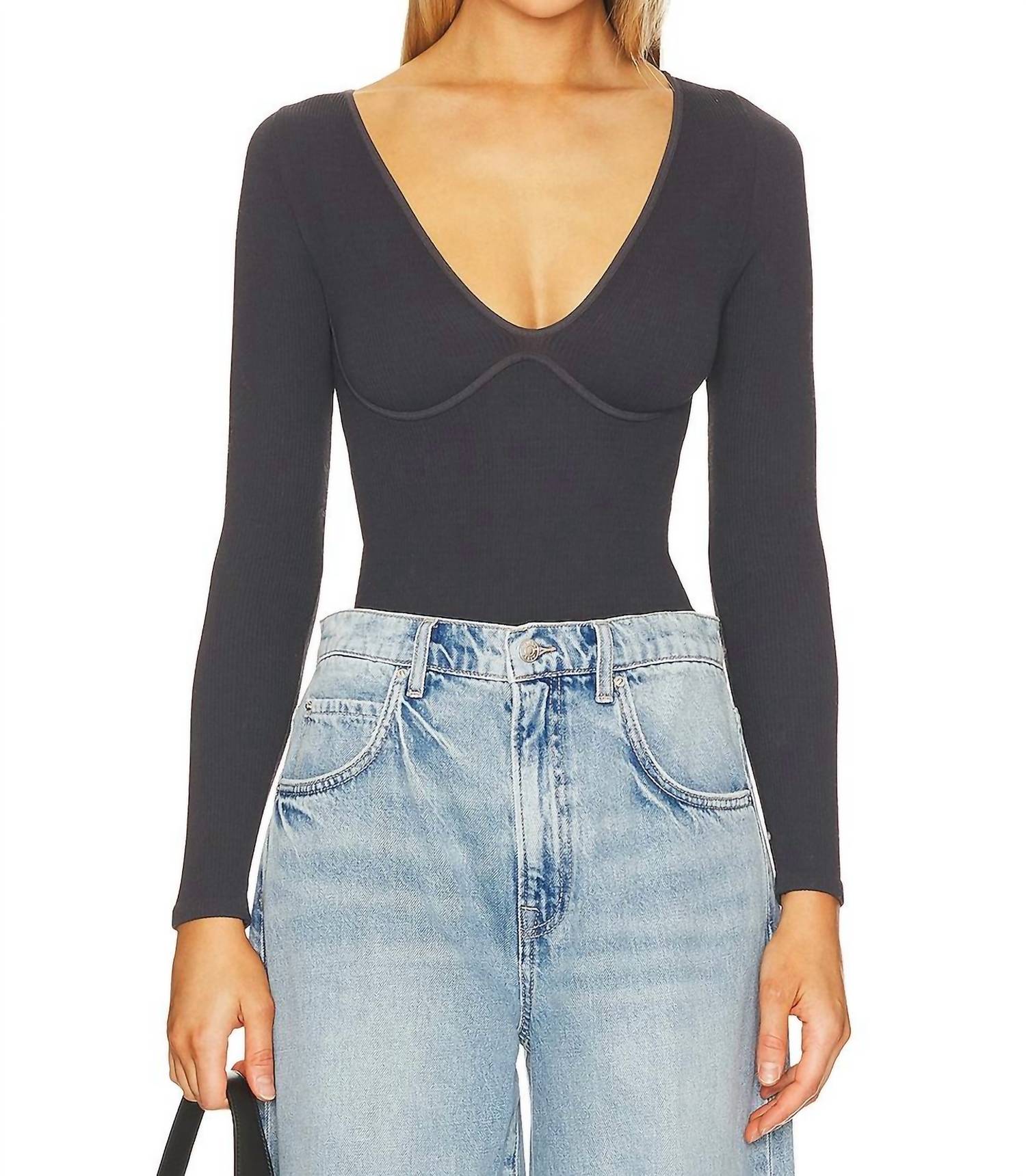 Free People - Meg Seamless V - neck Bodysuit - black - bodysuits - clothing