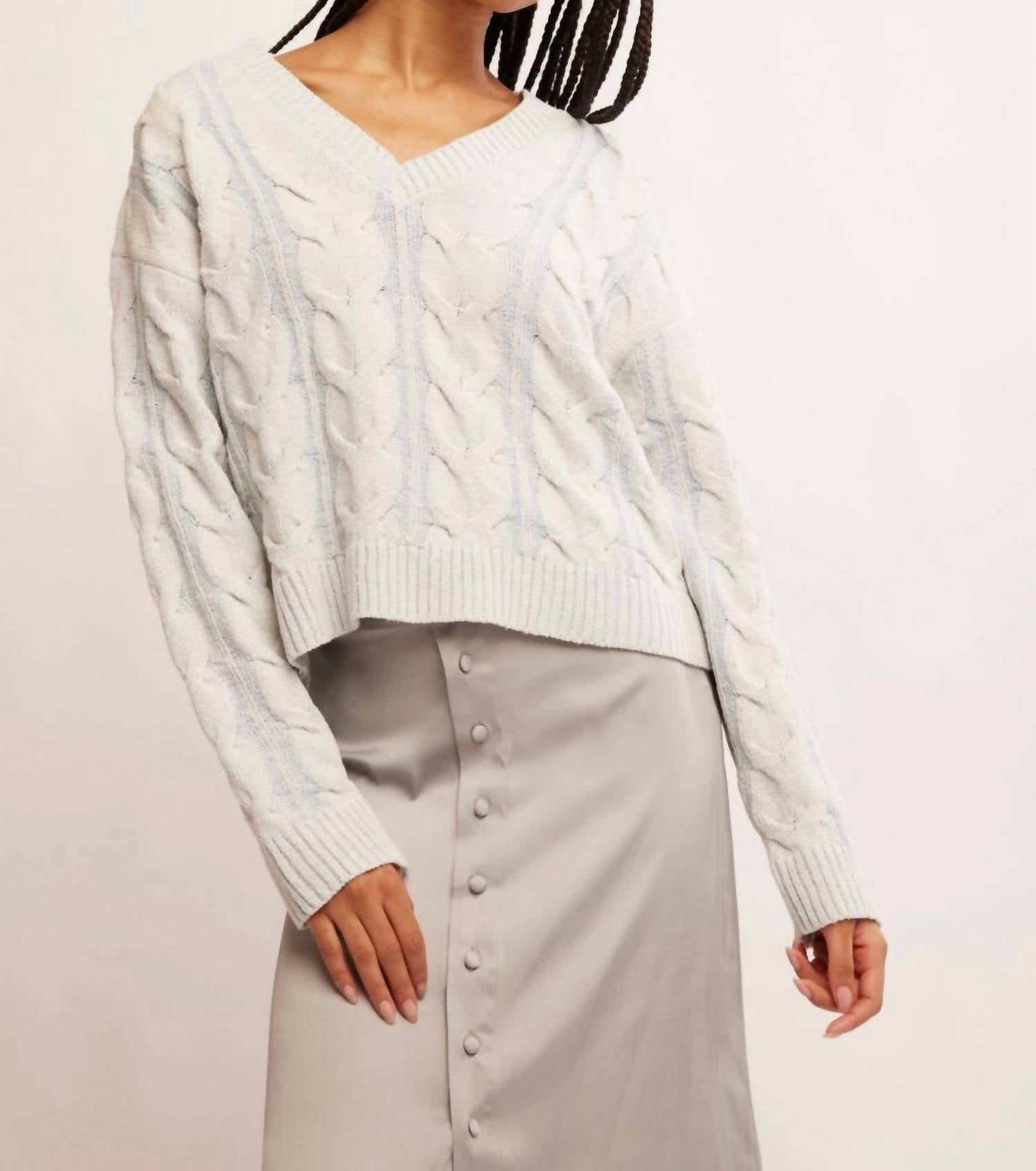 Free People - Washed Cable V - neck Sweater - blue - clothing - cotton - blend