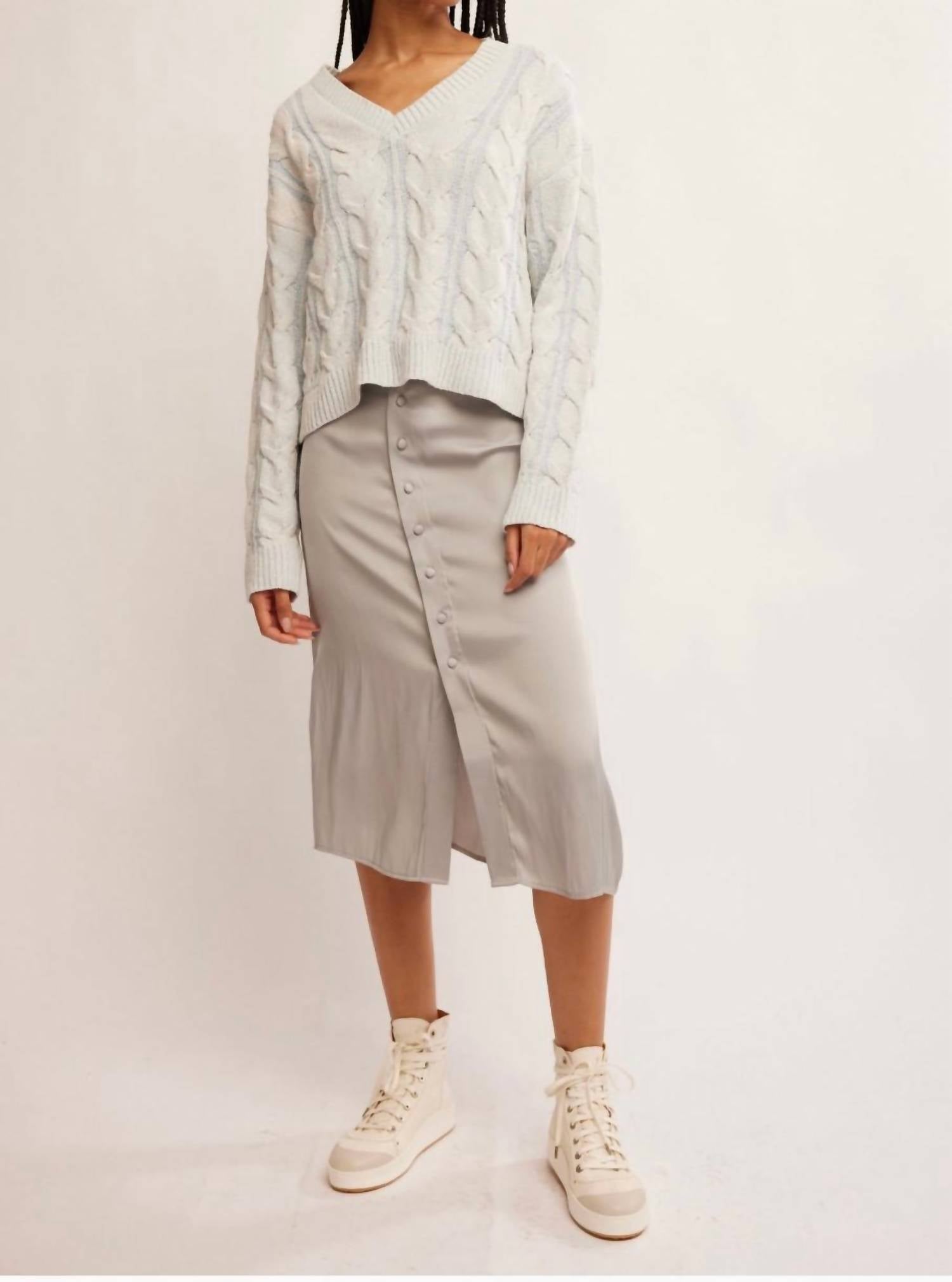 Free People - Washed Cable V - neck Sweater - blue - clothing - cotton - blend