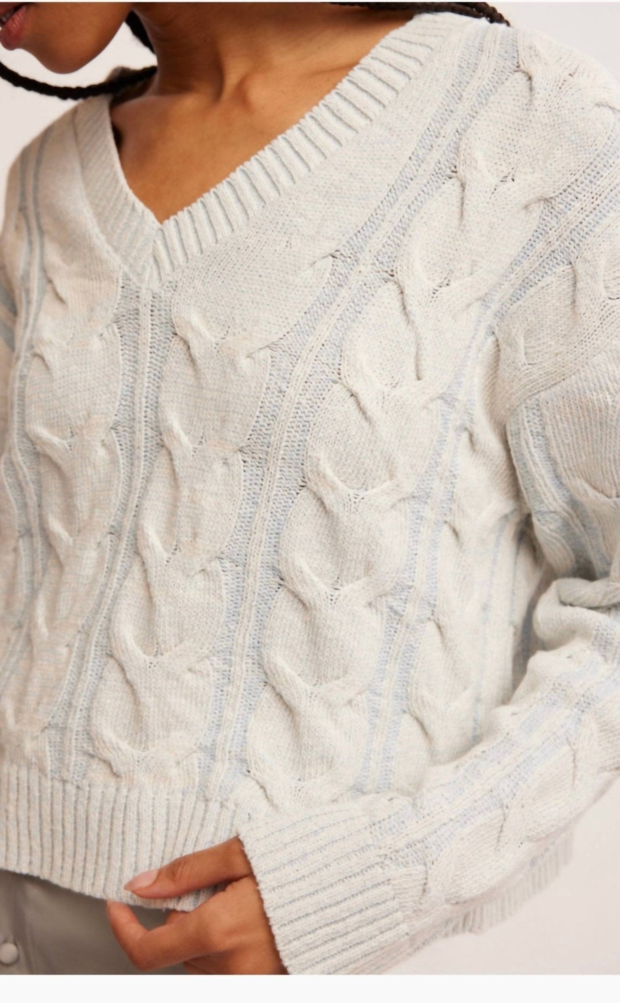 Free People - Washed Cable V - neck Sweater - blue - clothing - cotton - blend