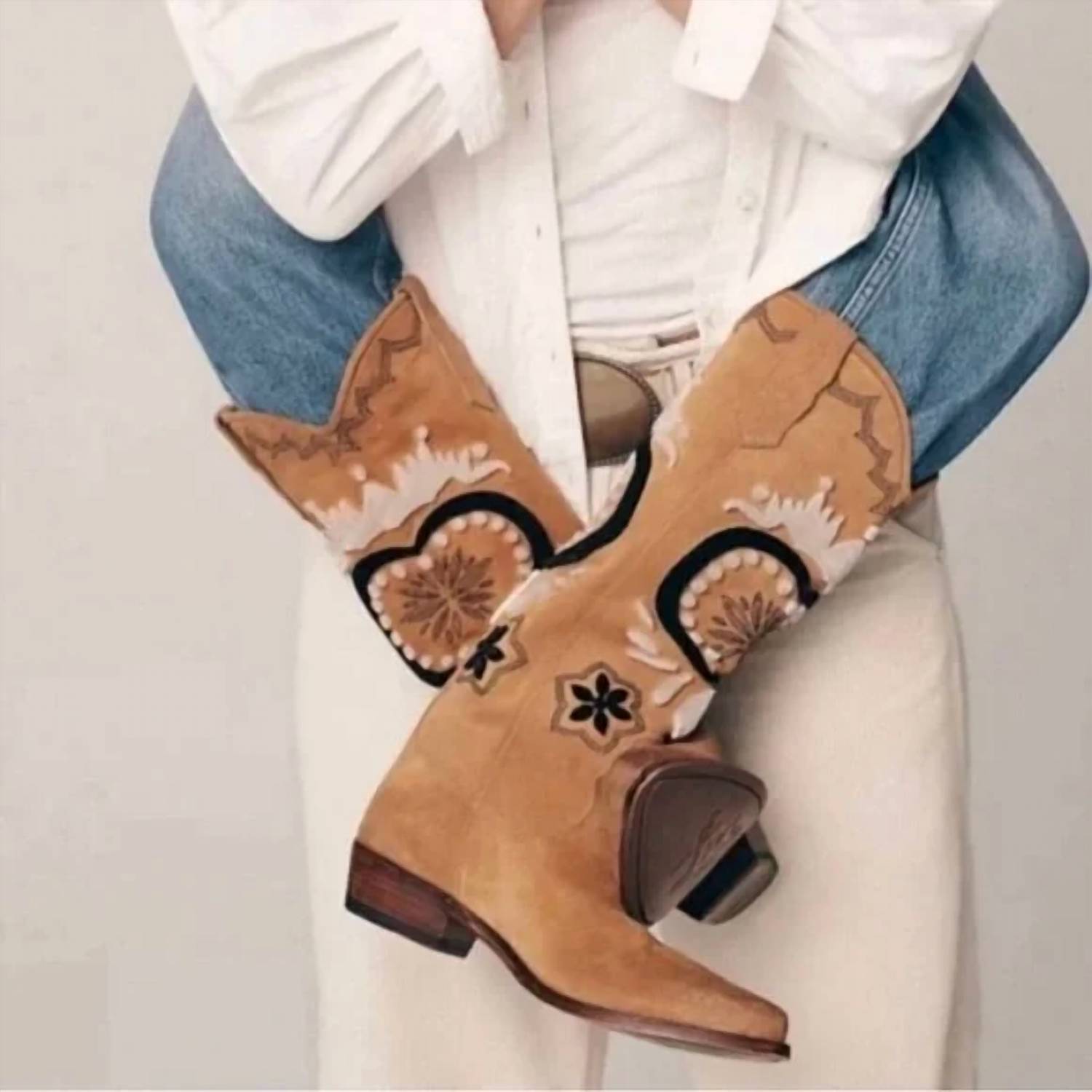 Free People - Women's Roundhouse Stitch Suede Embroidered Western Cowboy Boot - ankle - boots - booties - brown