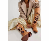 Free People - Women's Roundhouse Stitch Suede Embroidered Western Cowboy Boot - ankle - boots - booties - brown