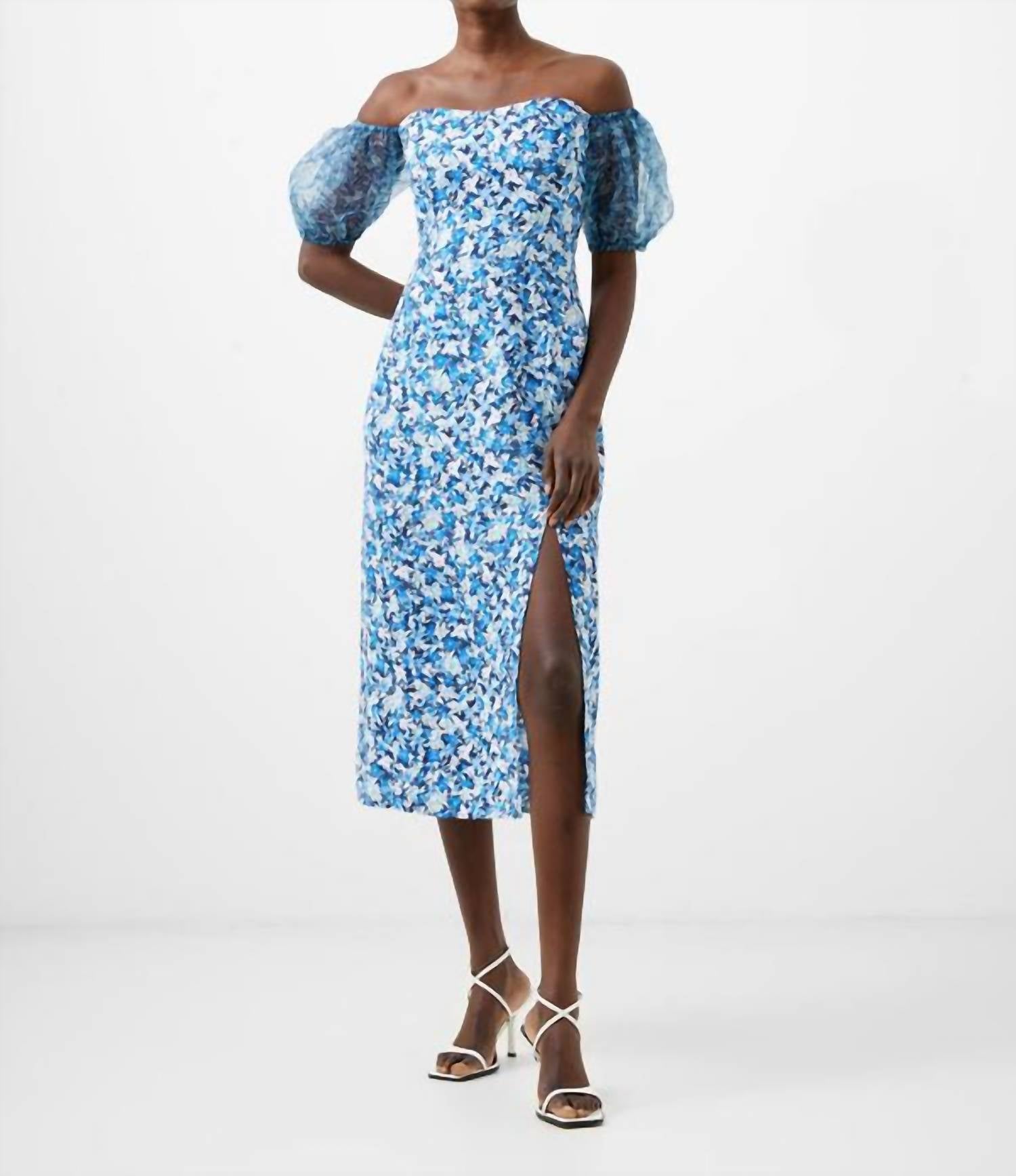 French Connection - Clara Textured Puff Sleeve Dress - blue - clothing - dresses