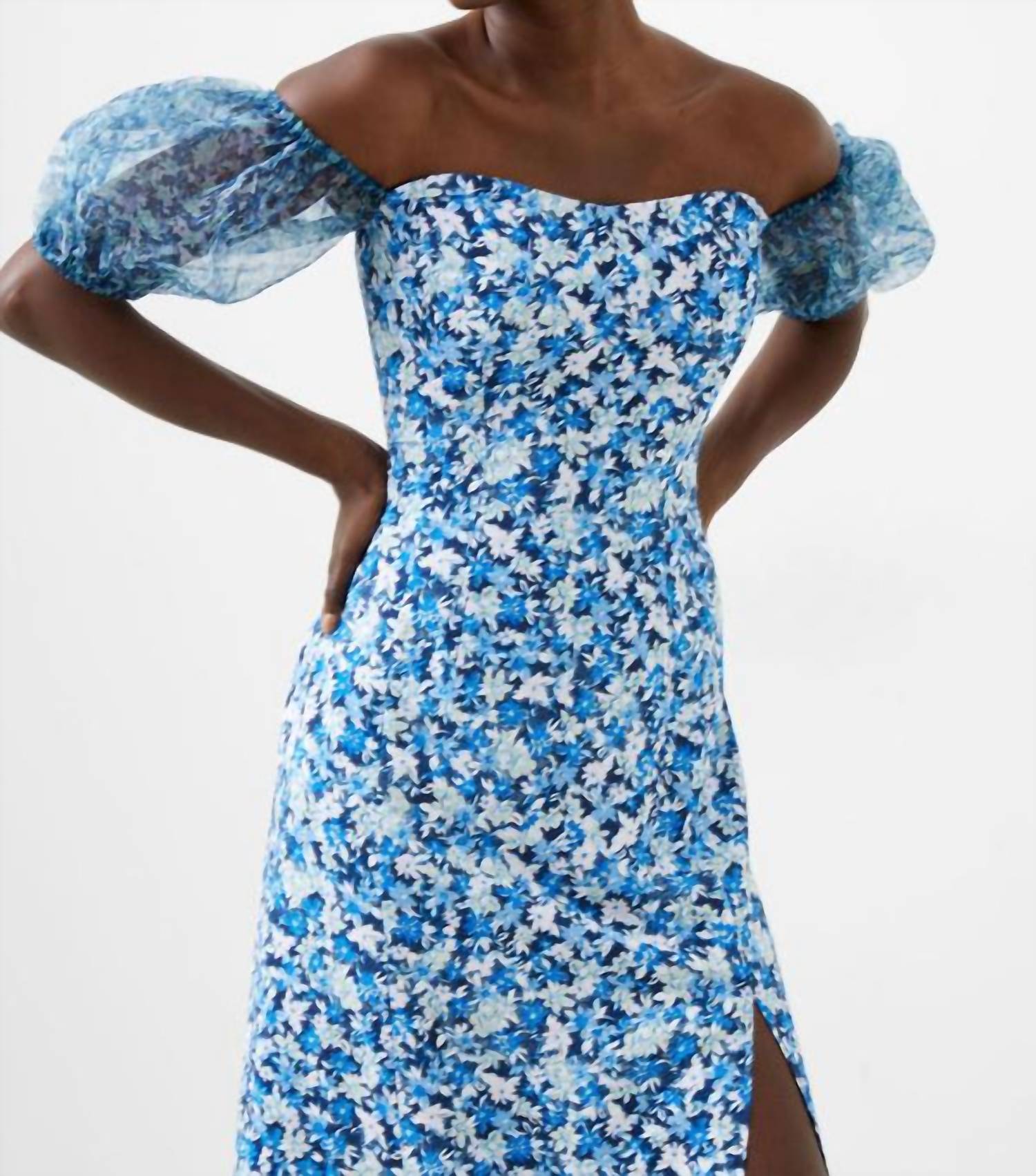 French Connection - Clara Textured Puff Sleeve Dress - blue - clothing - dresses