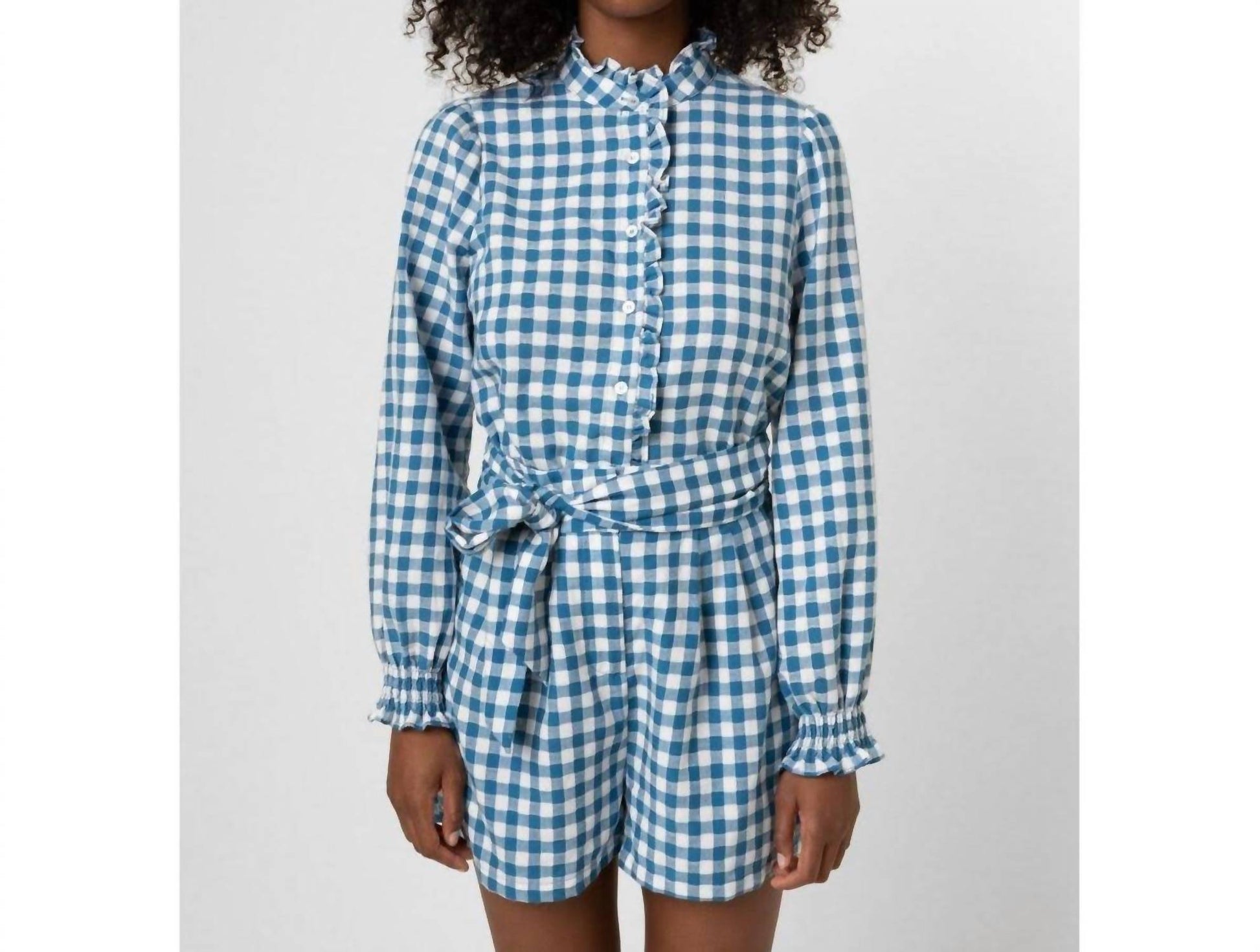 Frnch - Bleu Checkered Shorts - blue - clothing - high - waist