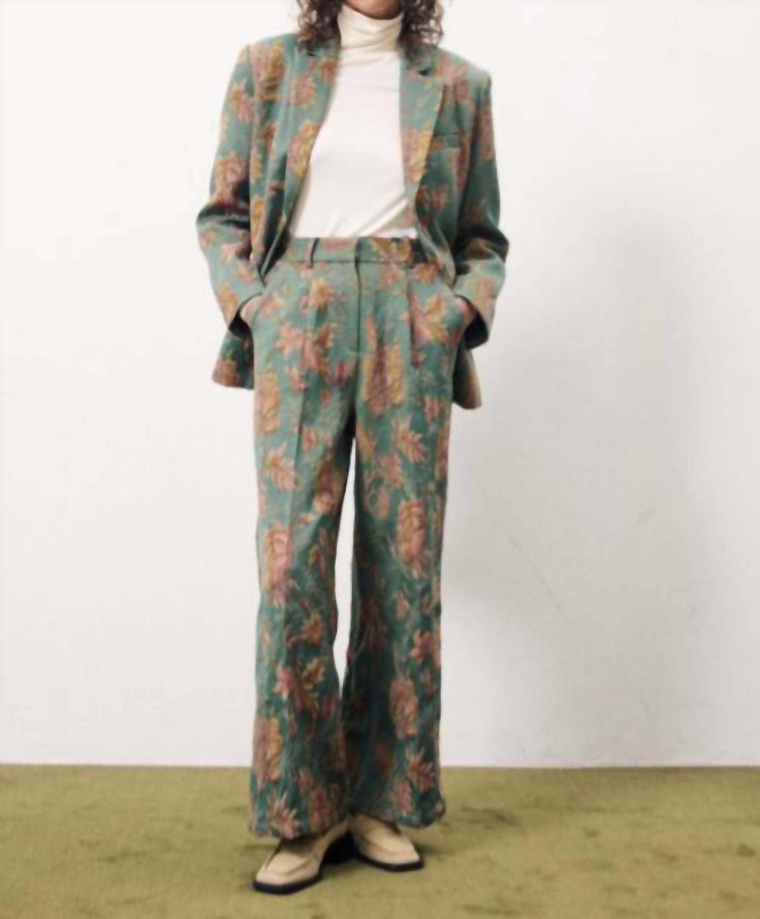 Frnch - Green Brocade Wide Leg Pant - clothing - green - pants