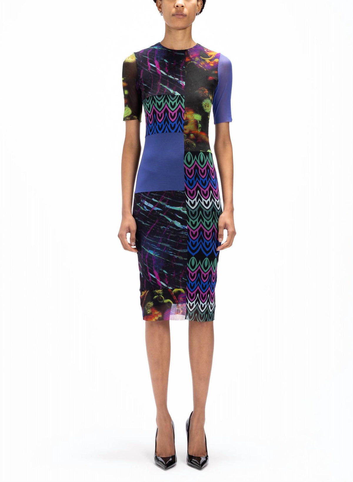 Fuzzi - Printed Mesh Short Sleeve Midi Dress