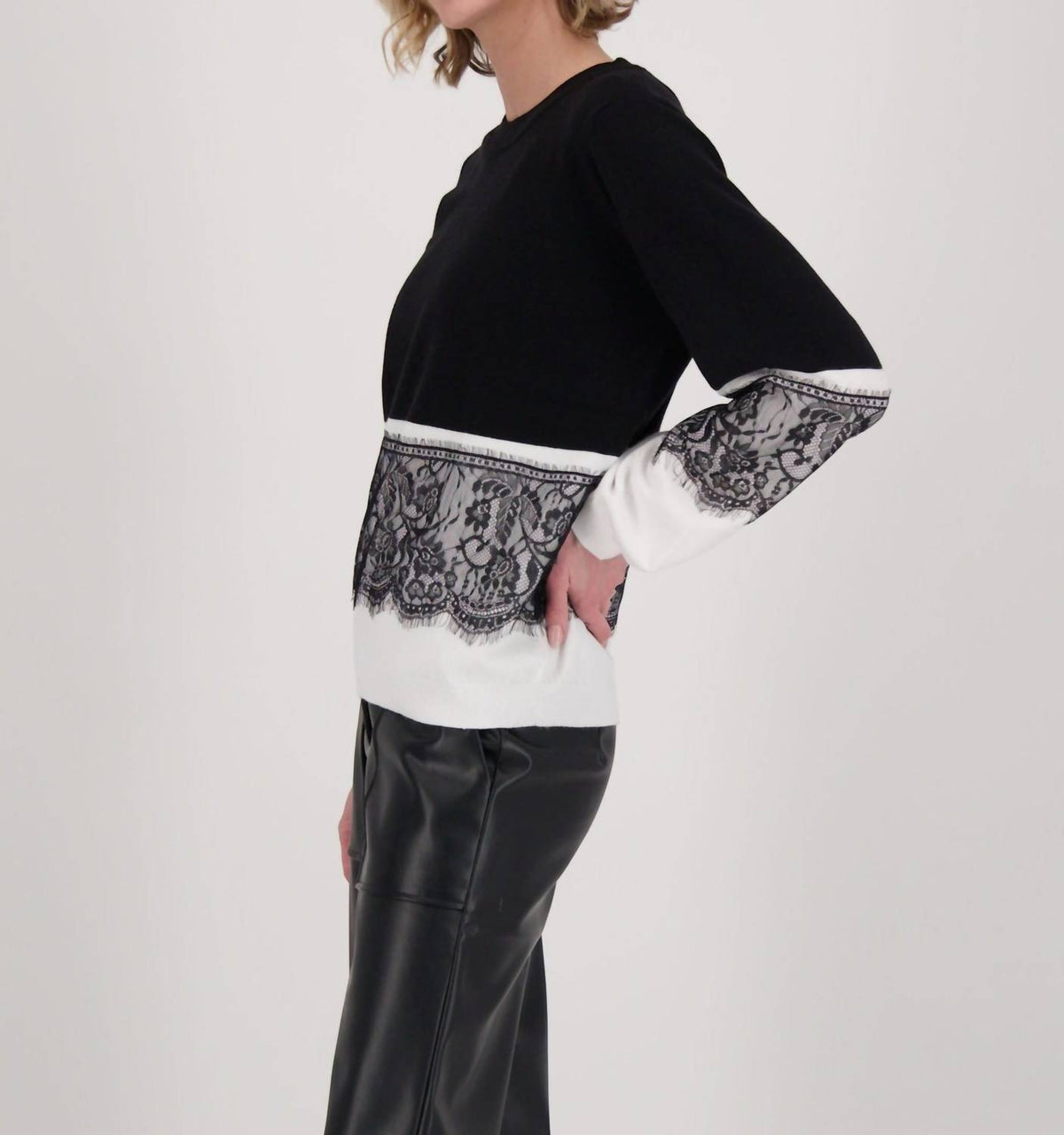 Gabby Isabella - Contrast Lace Panel Sweater Top