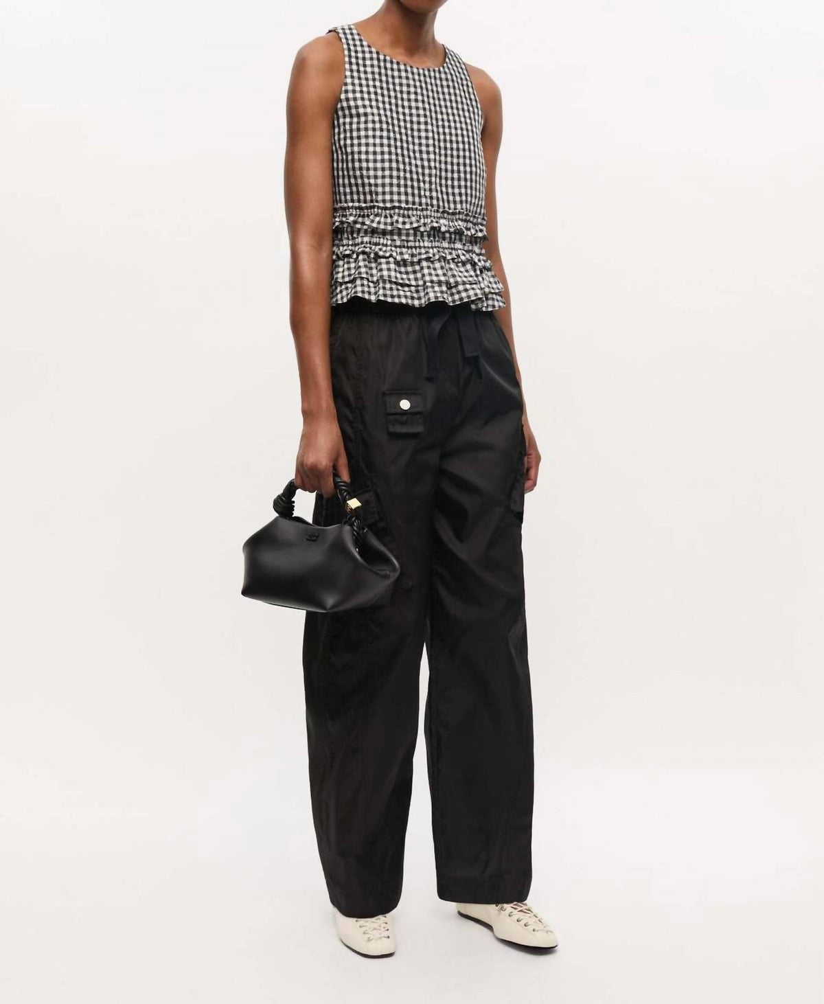 Ganni - Crinkled Taffeta Check Open Back Frilled Top