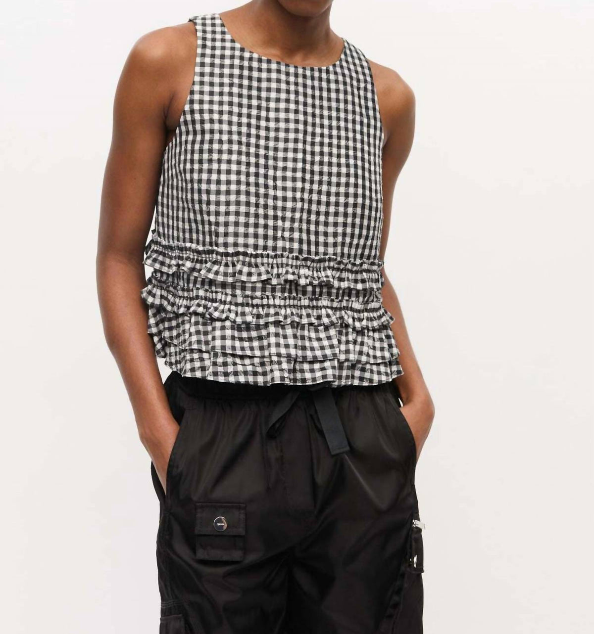 Ganni - Crinkled Taffeta Check Open Back Frilled Top