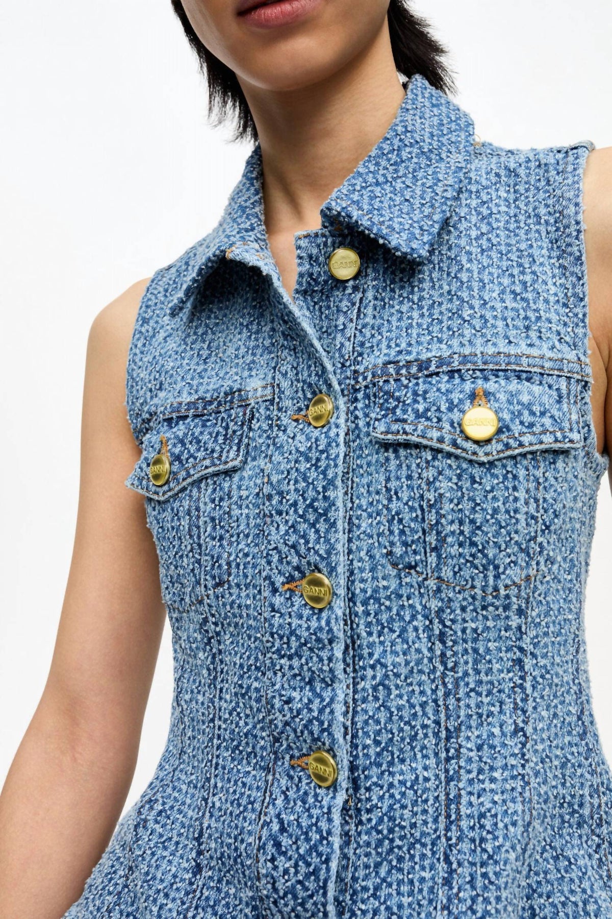 Ganni - Fluffy Denim Fitted Top
