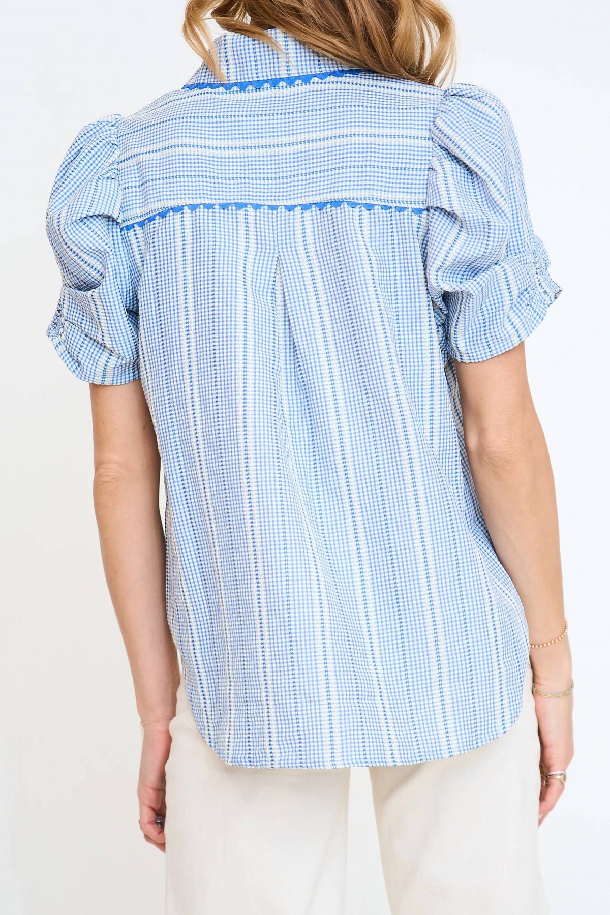 Gigio - Embroidered Gingham Button Down Top