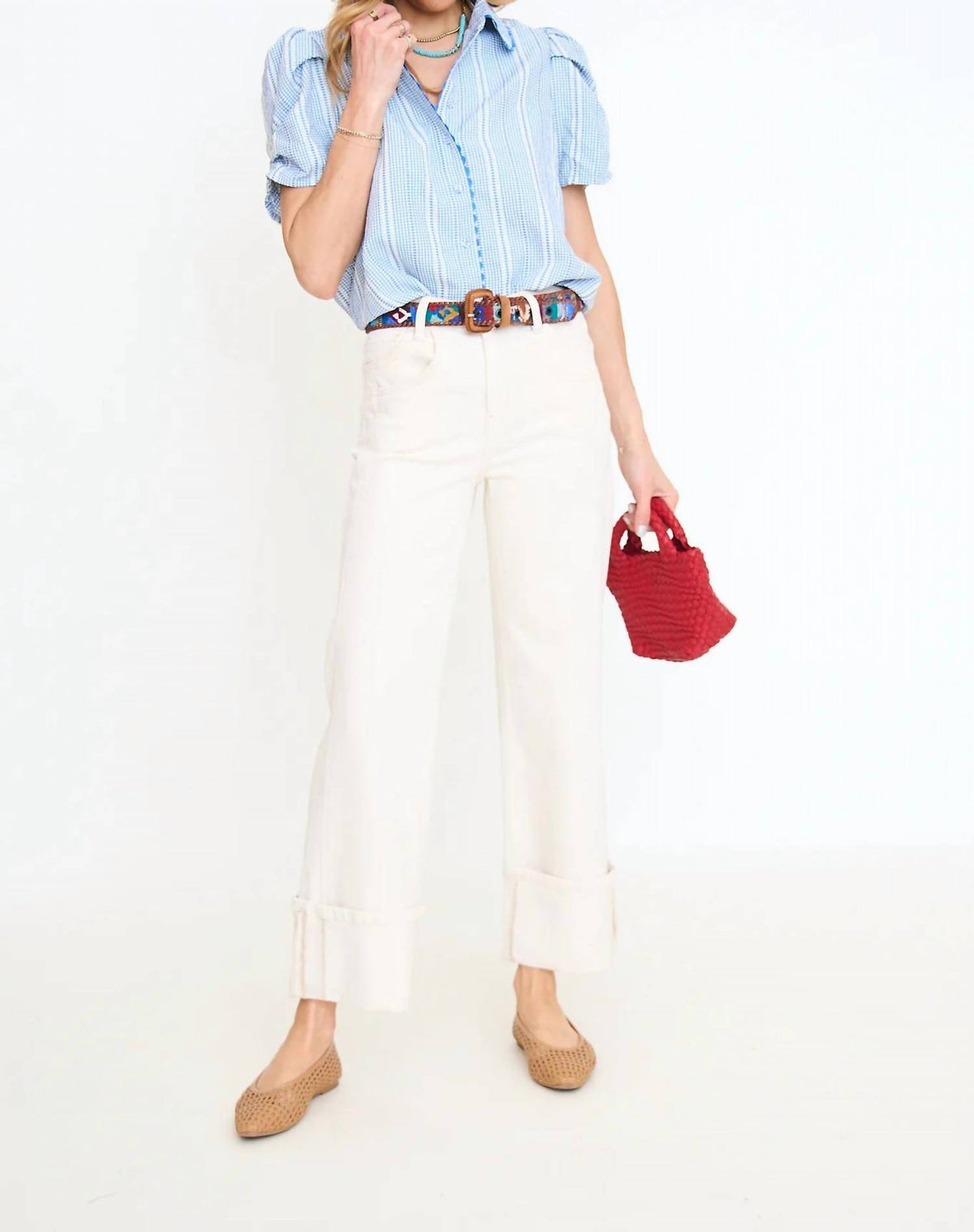 Gigio - Embroidered Gingham Button Down Top