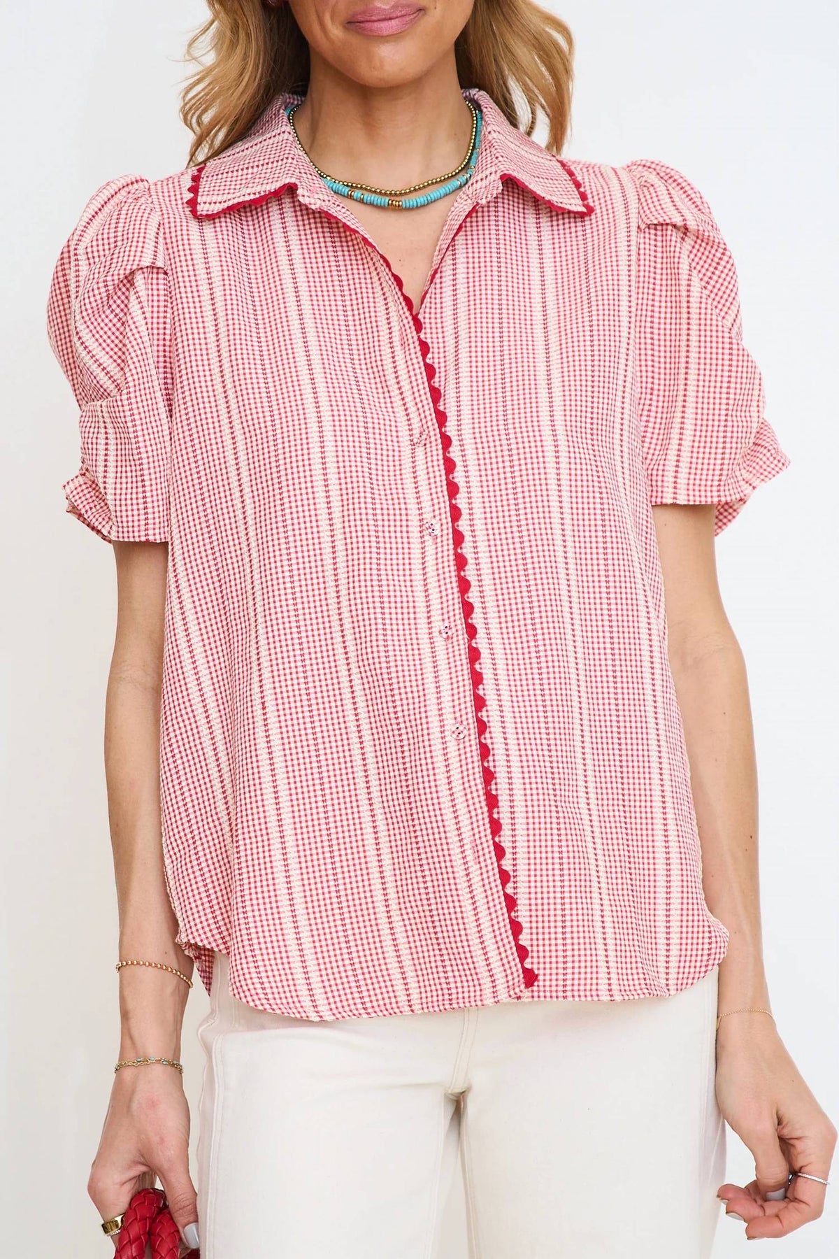 Gigio - Embroidered Gingham Button Down Top