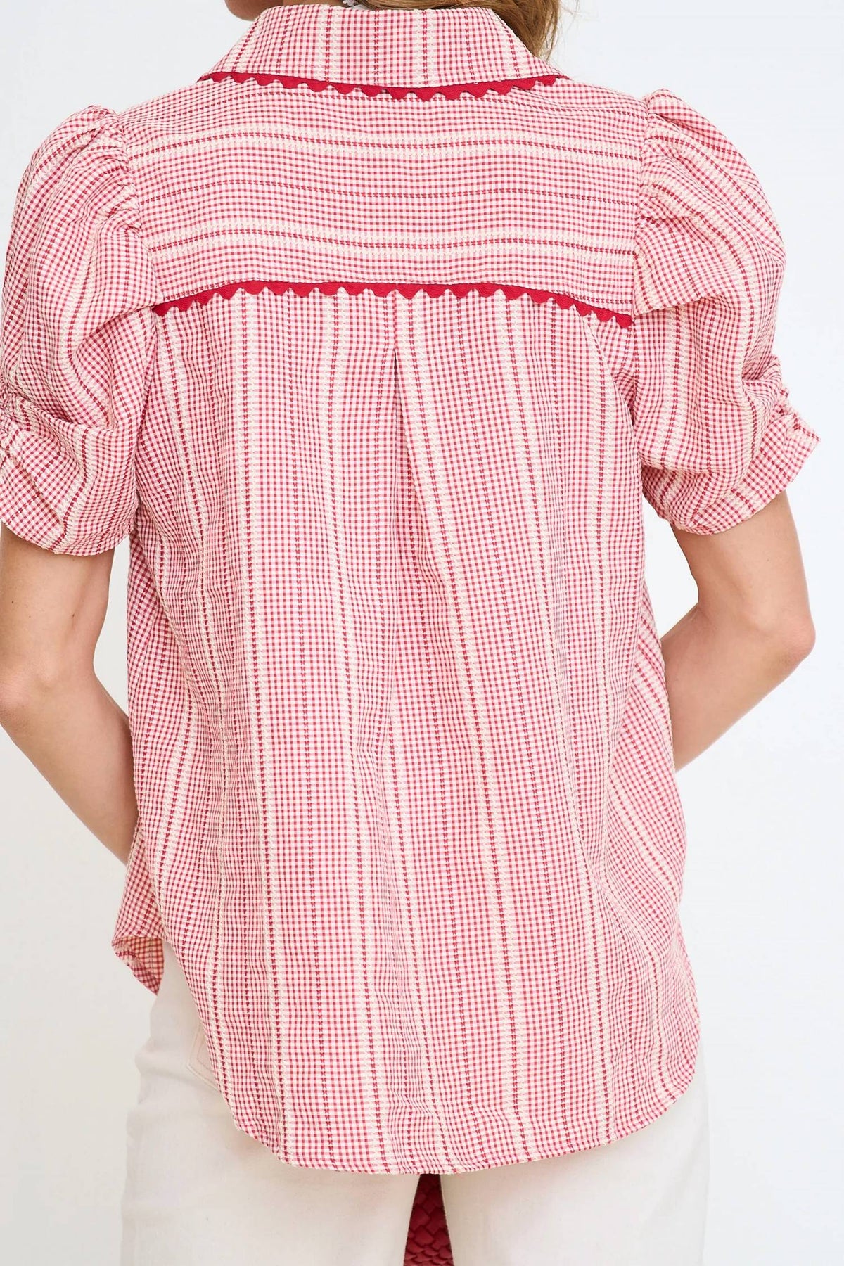 Gigio - Embroidered Gingham Button Down Top