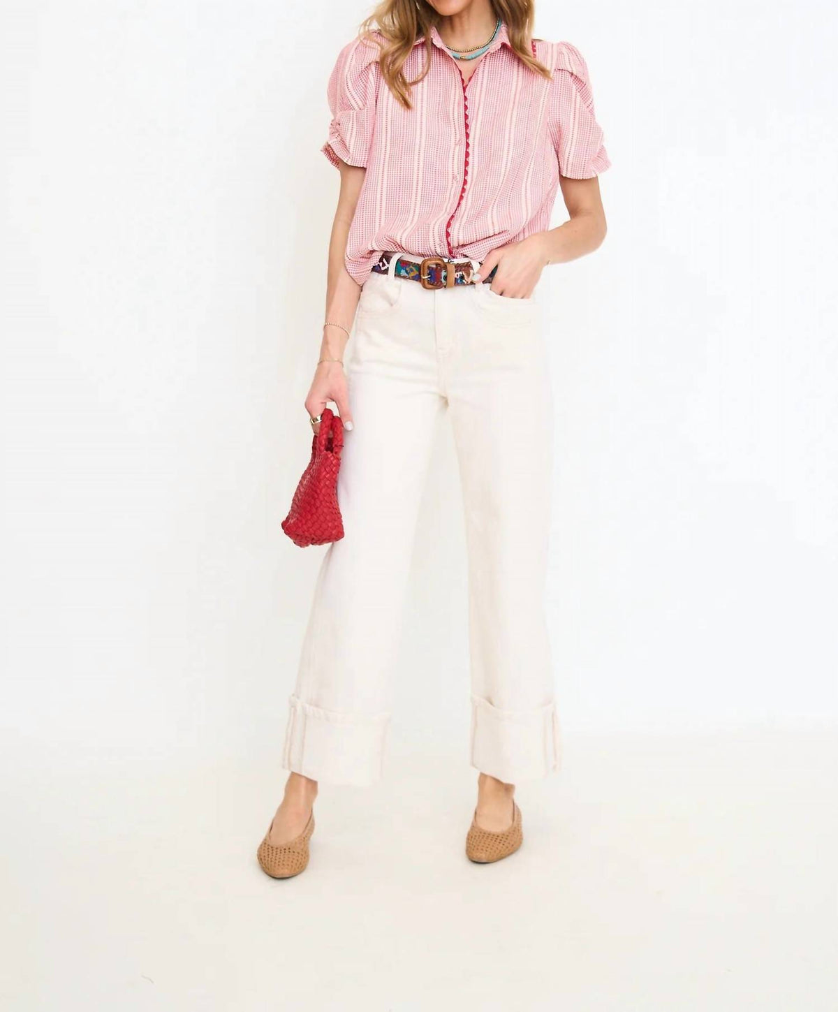 Gigio - Embroidered Gingham Button Down Top