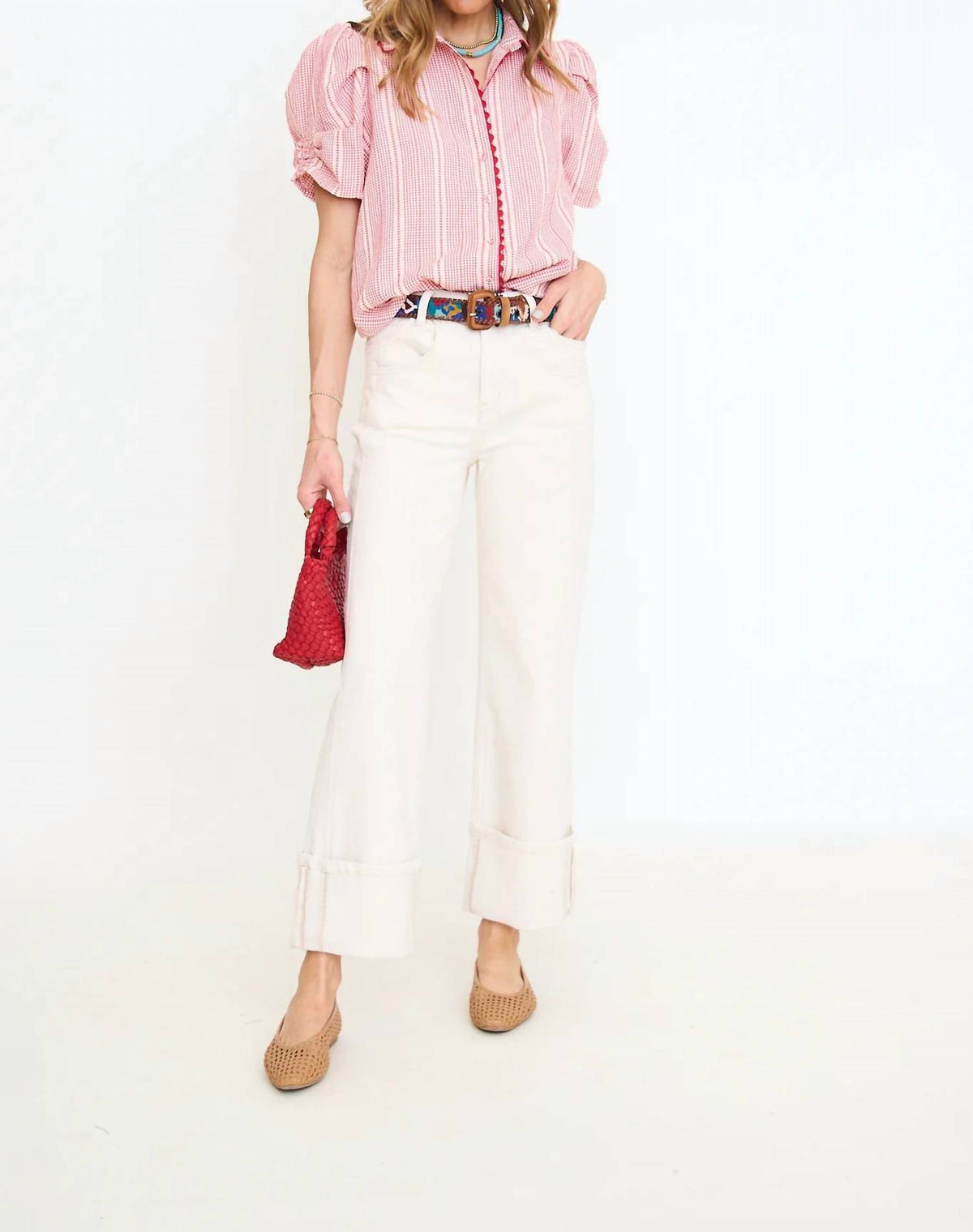 Gigio - Embroidered Gingham Button Down Top