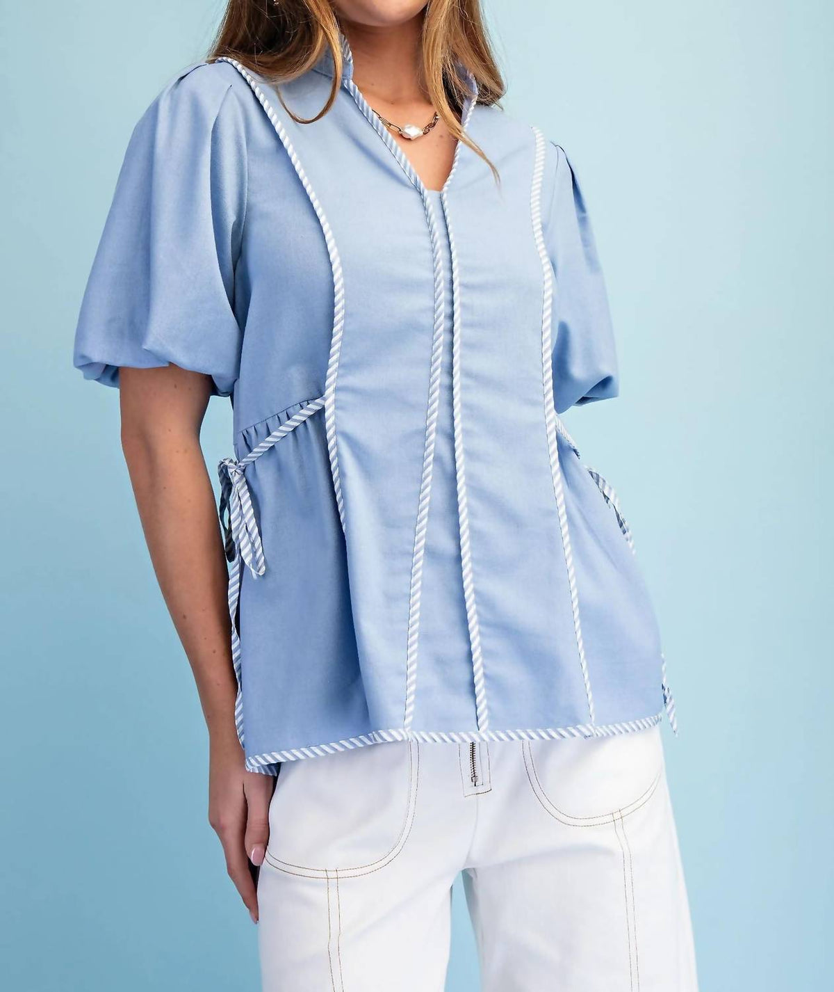 Gigio - Linen Blouse With Striped Binding Details