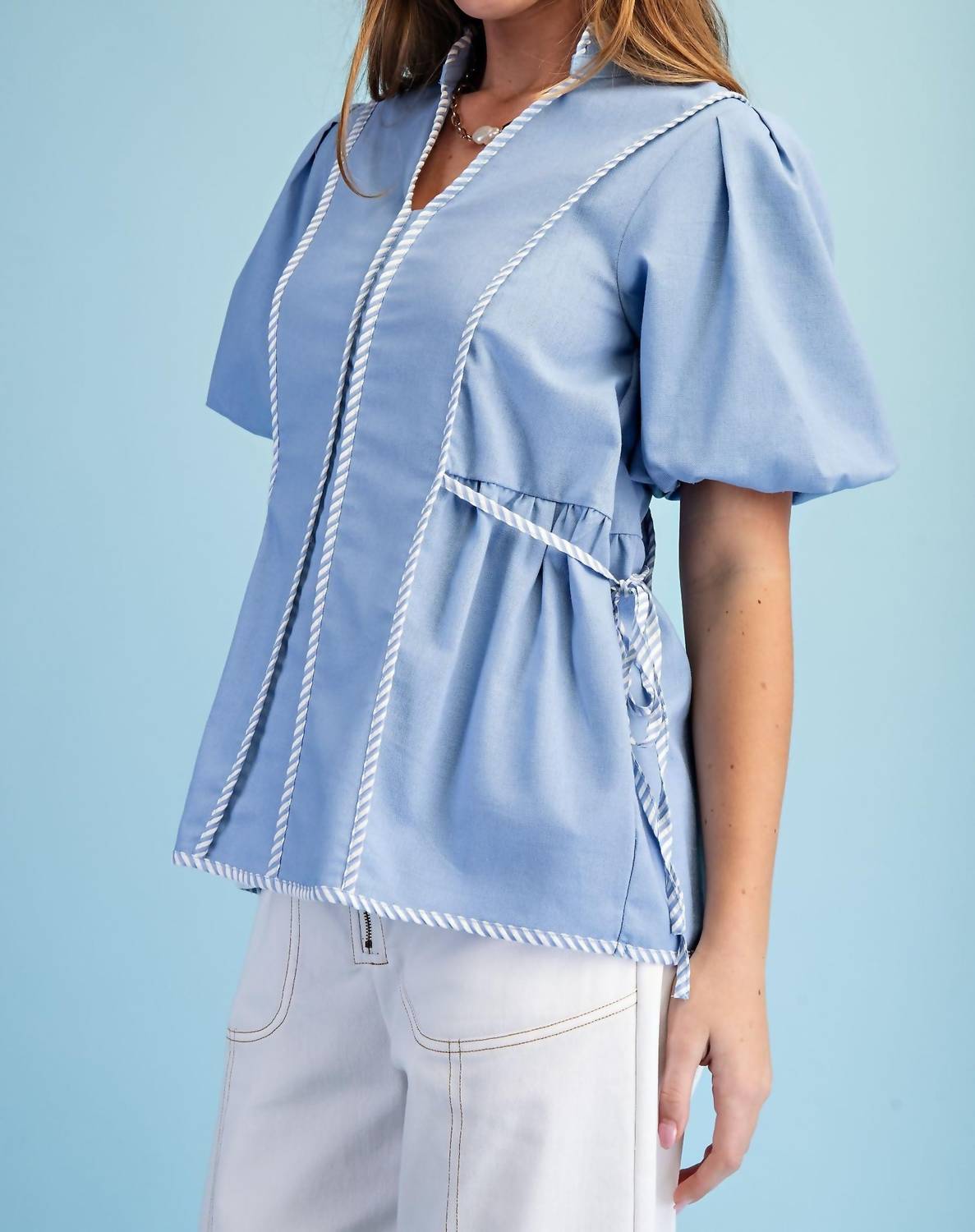 Gigio - Linen Blouse With Striped Binding Details