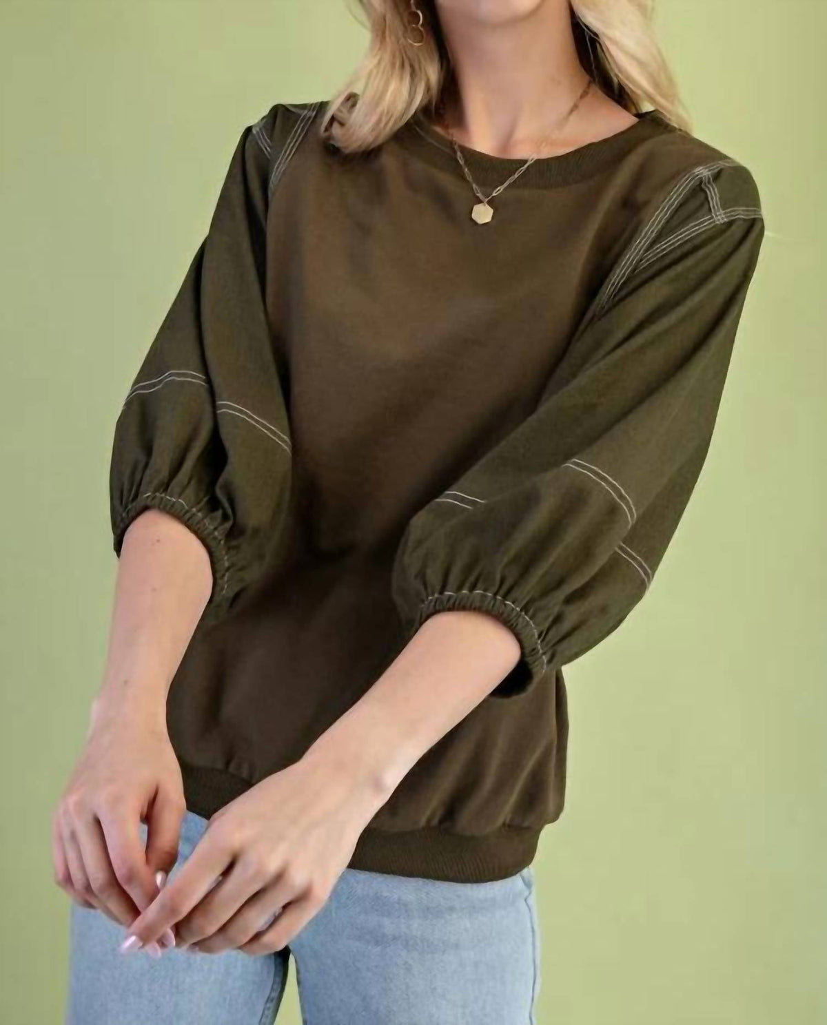 Gigio - Mixed Fabric Three Quarter Sleeve Top
