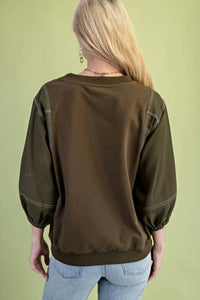 Gigio - Mixed Fabric Three Quarter Sleeve Top