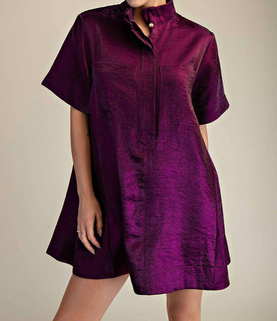 Glam - Button Front Short Sleeve Mini Dress