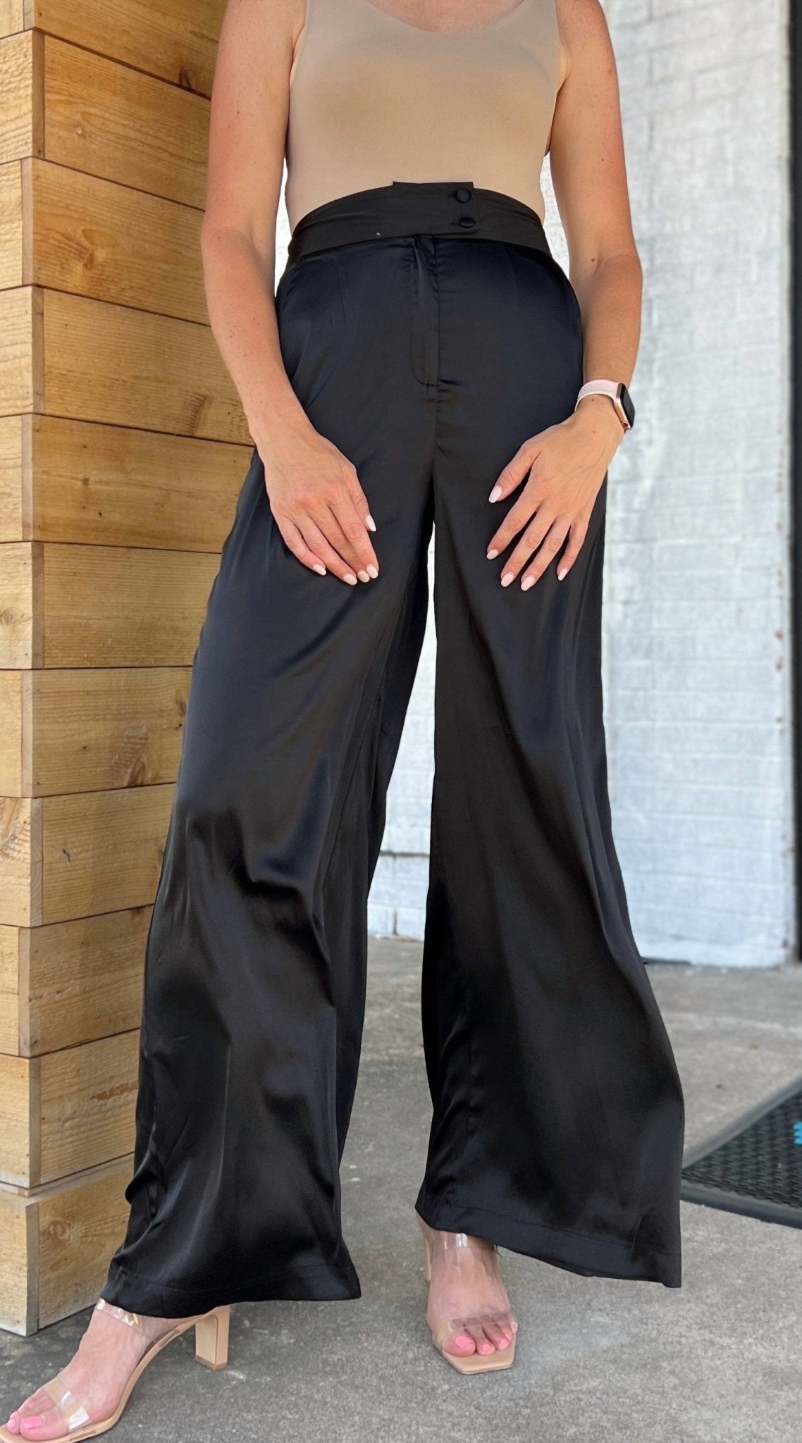Glam - Glamour High Waisted Wide - legged Black Silk Pants - black - clothing - pants