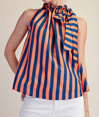 Glam - Ruffle Neck Tie Sleeveless Stripe Top