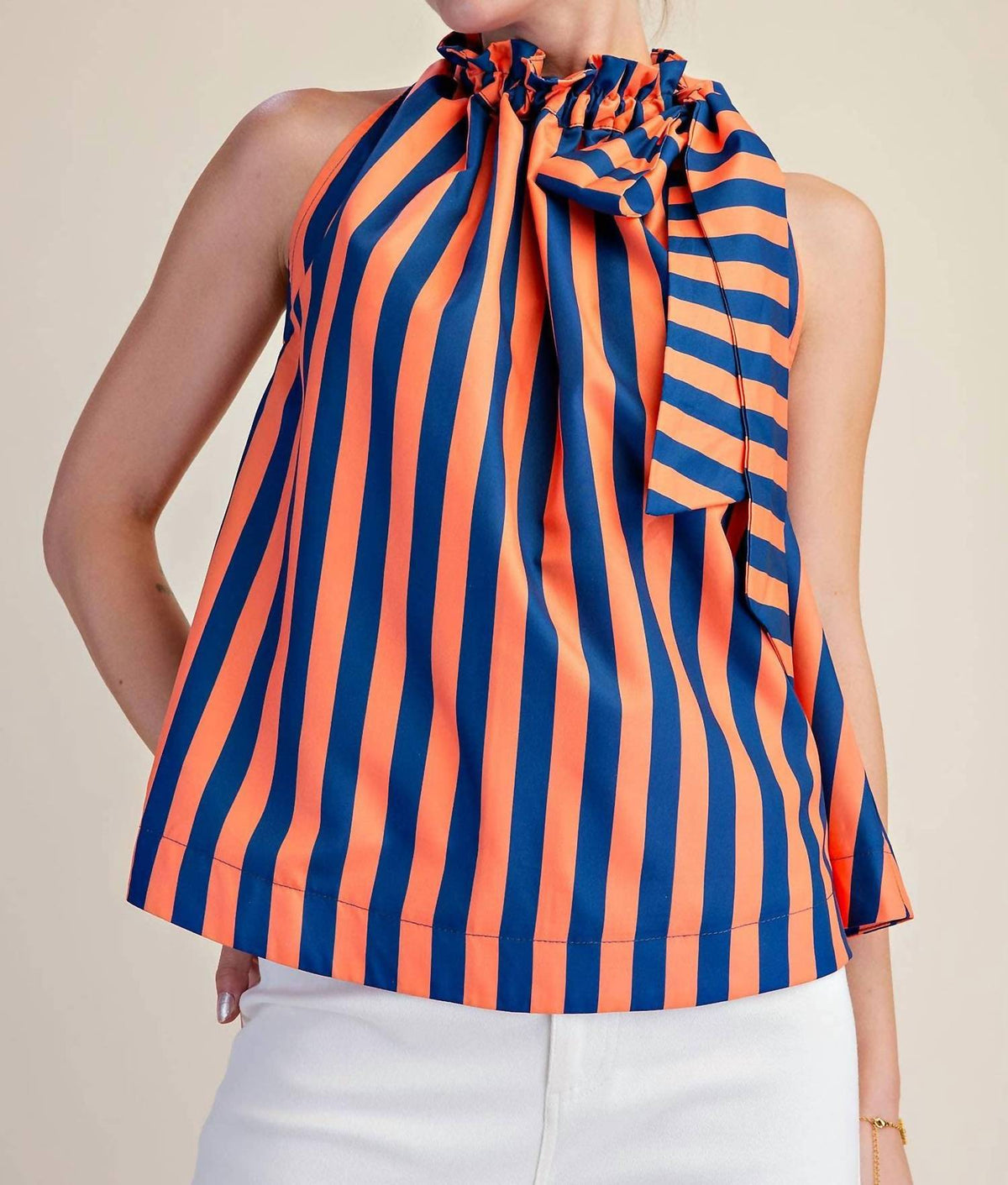 Glam - Ruffle Neck Tie Sleeveless Stripe Top