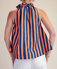 Glam - Ruffle Neck Tie Sleeveless Stripe Top