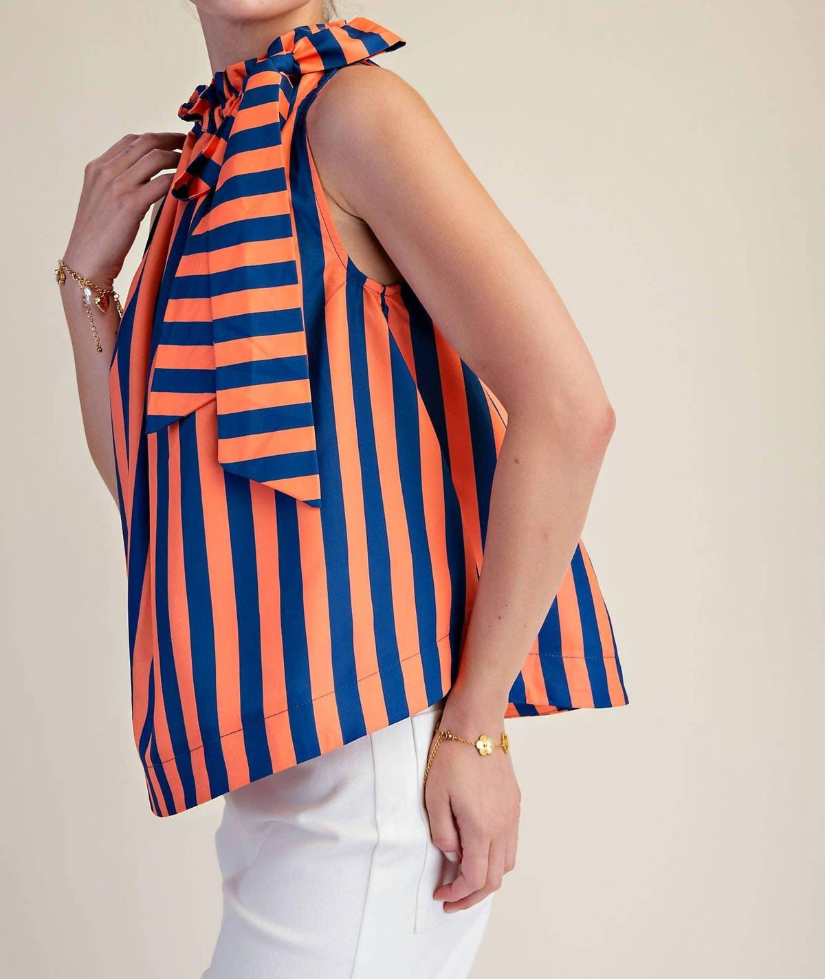Glam - Ruffle Neck Tie Sleeveless Stripe Top