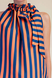 Glam - Ruffle Neck Tie Sleeveless Stripe Top