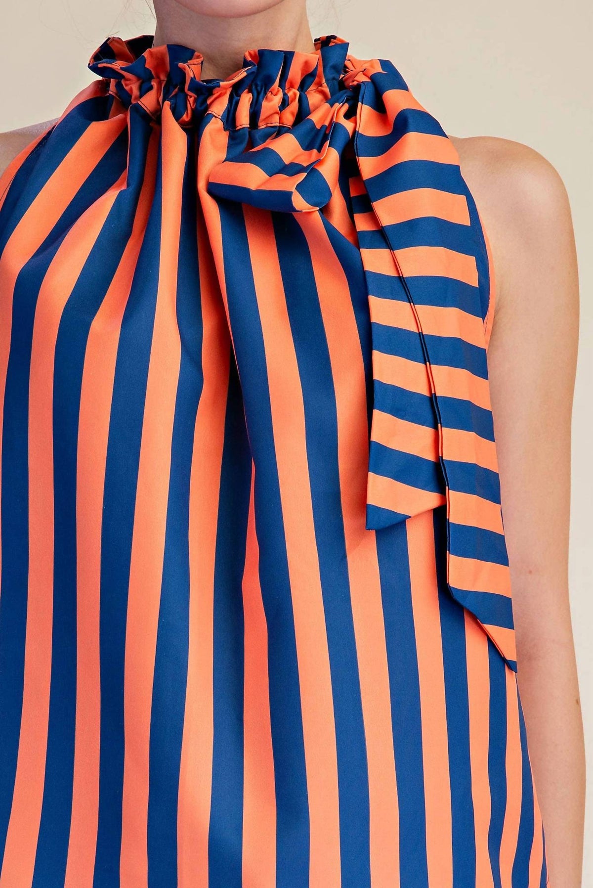 Glam - Ruffle Neck Tie Sleeveless Stripe Top