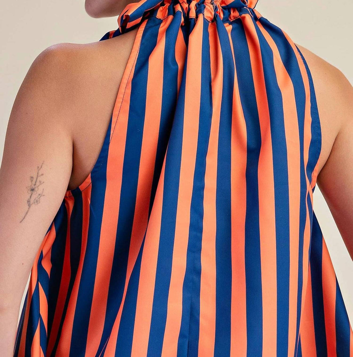 Glam - Ruffle Neck Tie Sleeveless Stripe Top