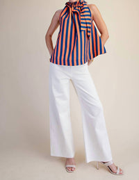 Glam - Ruffle Neck Tie Sleeveless Stripe Top