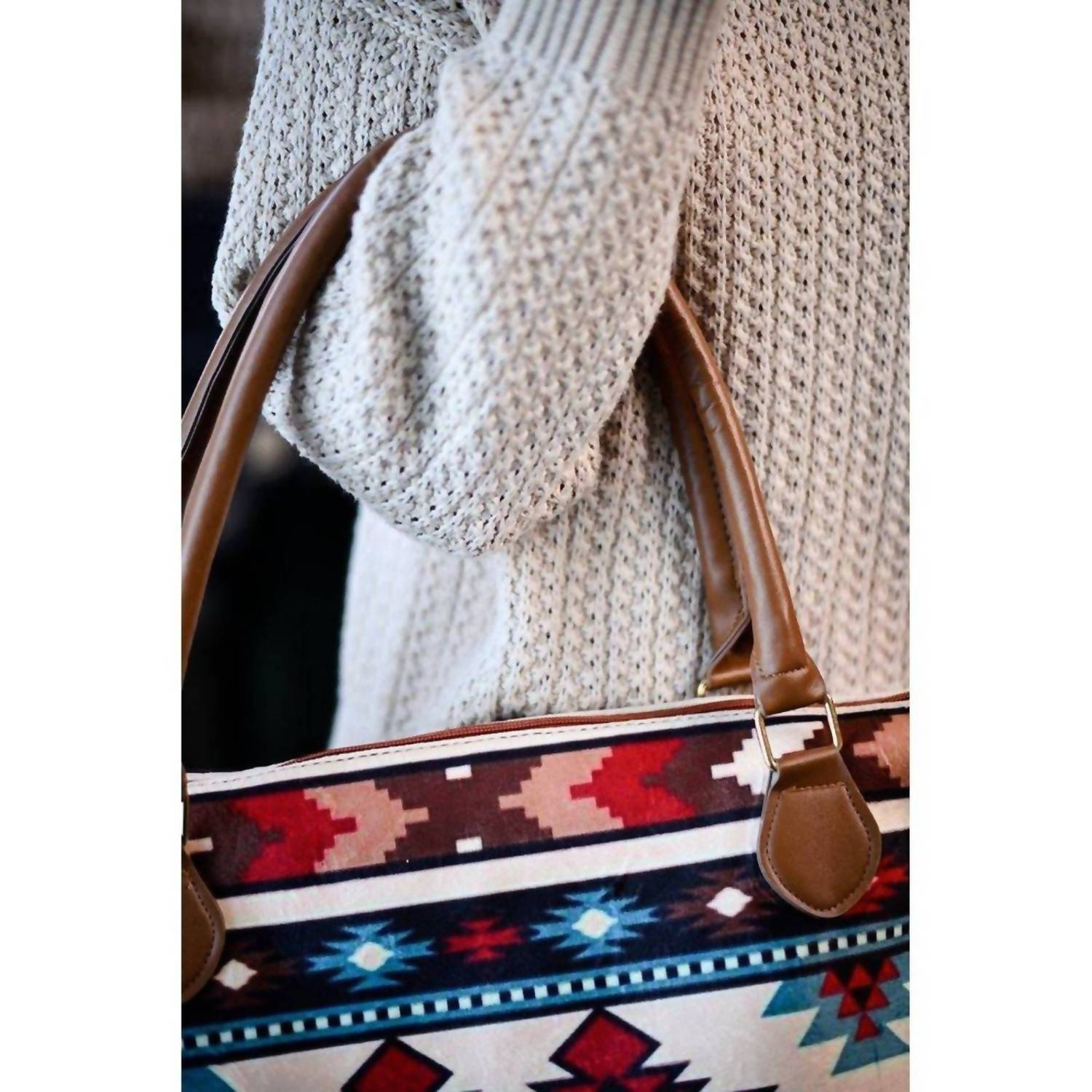 Glittering South - Women's Aztec Print Accents Weekender Bag - bags - brown - handbags
