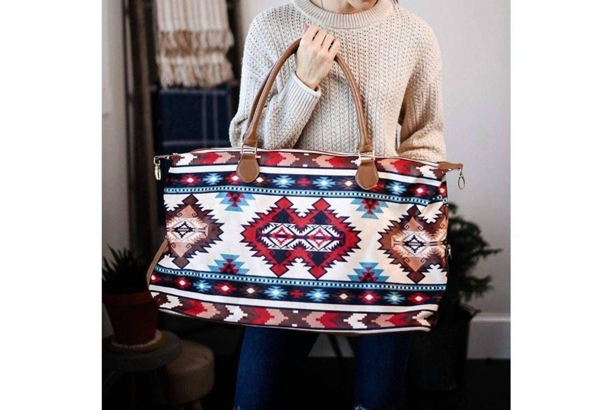 Glittering South - Women's Aztec Print Accents Weekender Bag - bags - brown - handbags